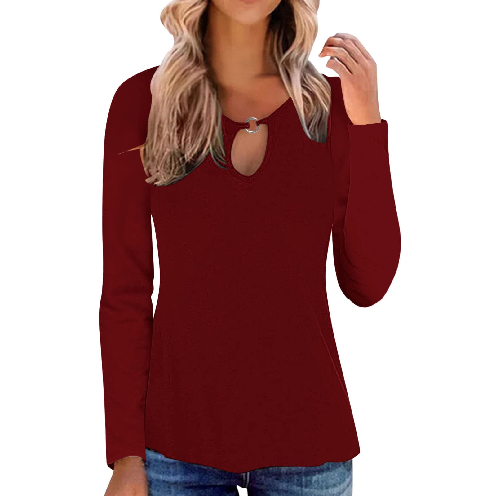 Women's Long Sleeve Crew Neck Hollow Out Graphic Tee - Casual Pullover Blouse with Solid Color Design | Perfect for Everyday Wear, Office Outfits & Date Nights