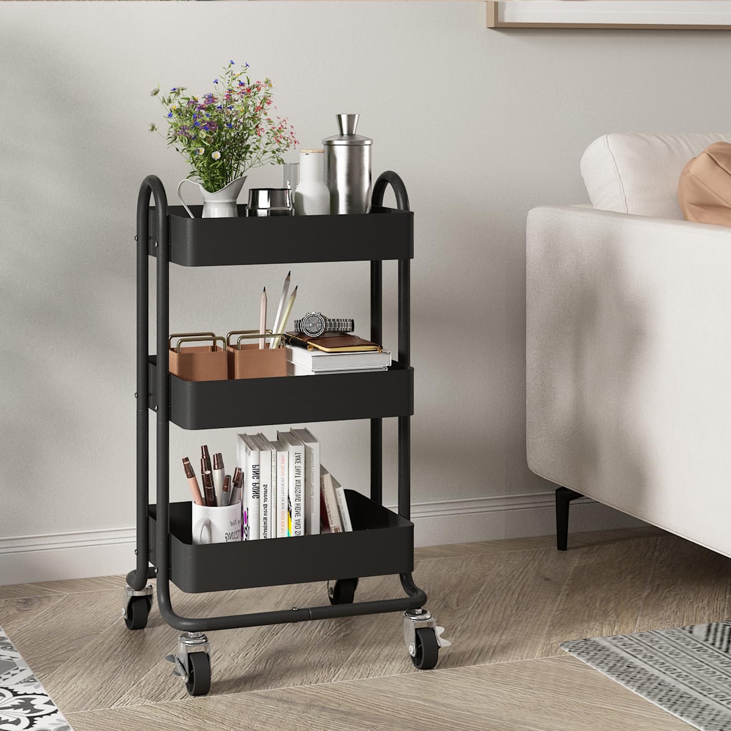 3-Tier Rolling Metal Storage Cart with Wheels - Black Mobile Utility Organizer for Kitchen, Office, Home & Garden (13.4