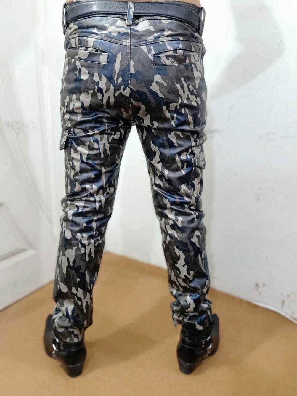 **Men's Genuine Cowhide Camouflage Leather Pants – Military Cargo Trousers with Pockets for Outdoor, Hunting & Adventure**