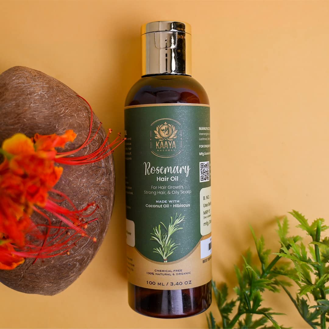 Kaaya Natural Rosemary Hair Oil for Hair Growth & Scalp Health - 100% Organic & Chemical-Free - Promotes Strong, Thick Hair & Controls Oily Scalp - Unisex Hair Treatment Oil (100ml) - Perfect for Daily Hair Care & Scalp Massage at Home