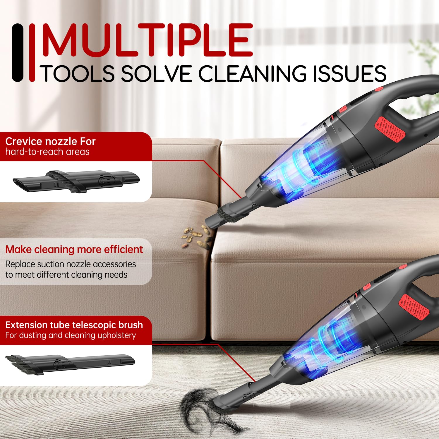 Cordless Handheld Vacuum Cleaner - 9.6Kpa Powerful Suction, HEPA Filtration, 16.9oz Dust Cup, Lightweight 2lbs, <75dB Low Noise | Dual-Function Crevice & Sofa Brush, 25-Min Battery Life | Perfect for Car Cleaning, Pet Hair Removal & Home Use