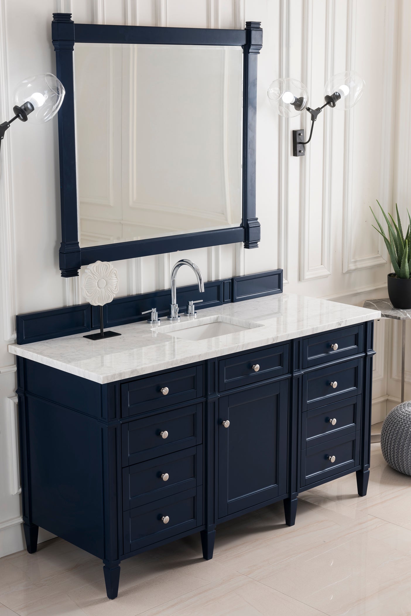Brittany 60 Inch Victory Blue Single Bathroom Vanity with 3CM Carrara Marble Top - Perfect for Modern Master Bathrooms & Powder Rooms