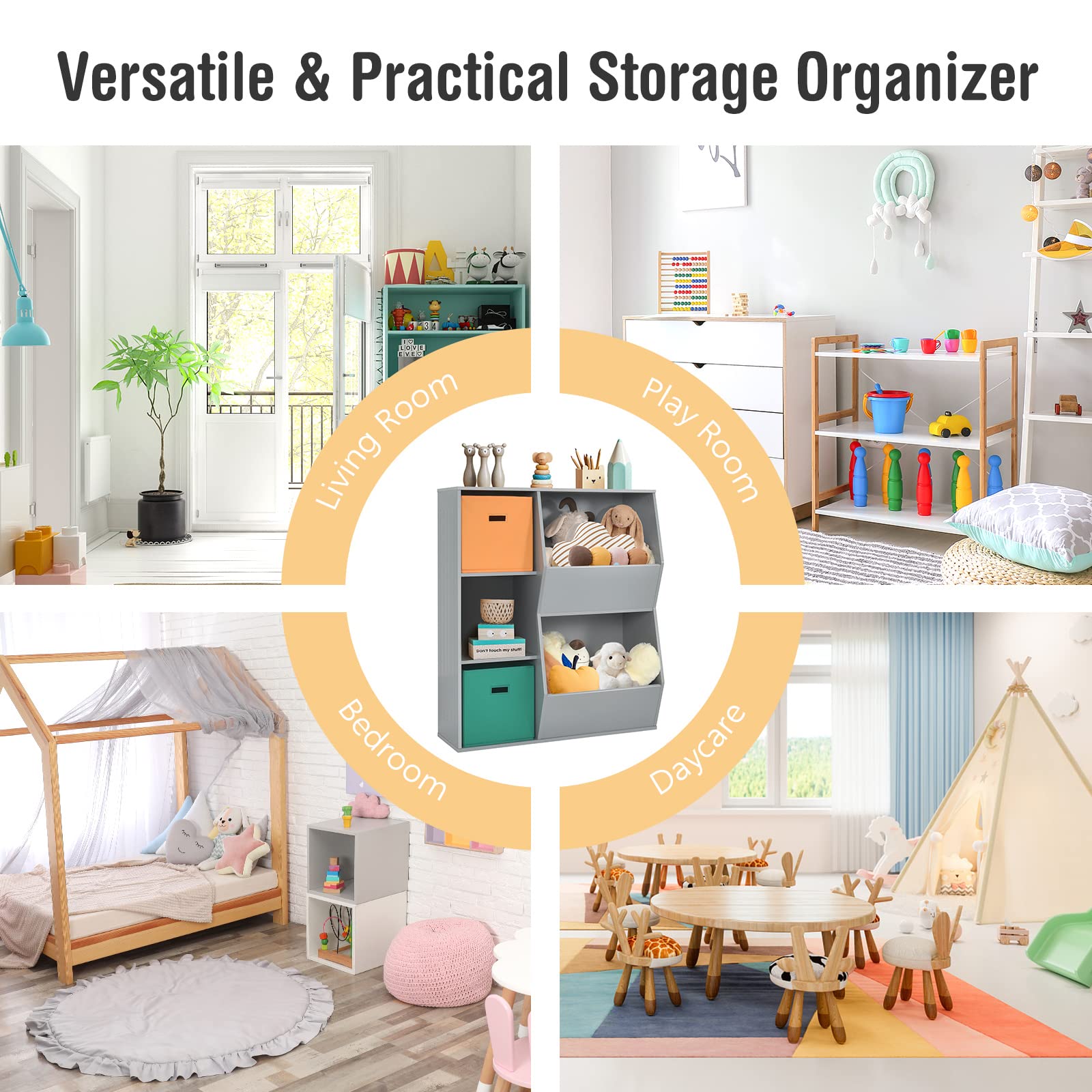 Costzon 5-Cubby Wooden Toy Storage Organizer with Bookcase & Bins - Kids Bookshelf & Toy Storage Cabinet for Toddlers - Playroom, Nursery, Daycare & Living Room Organization (Gray)