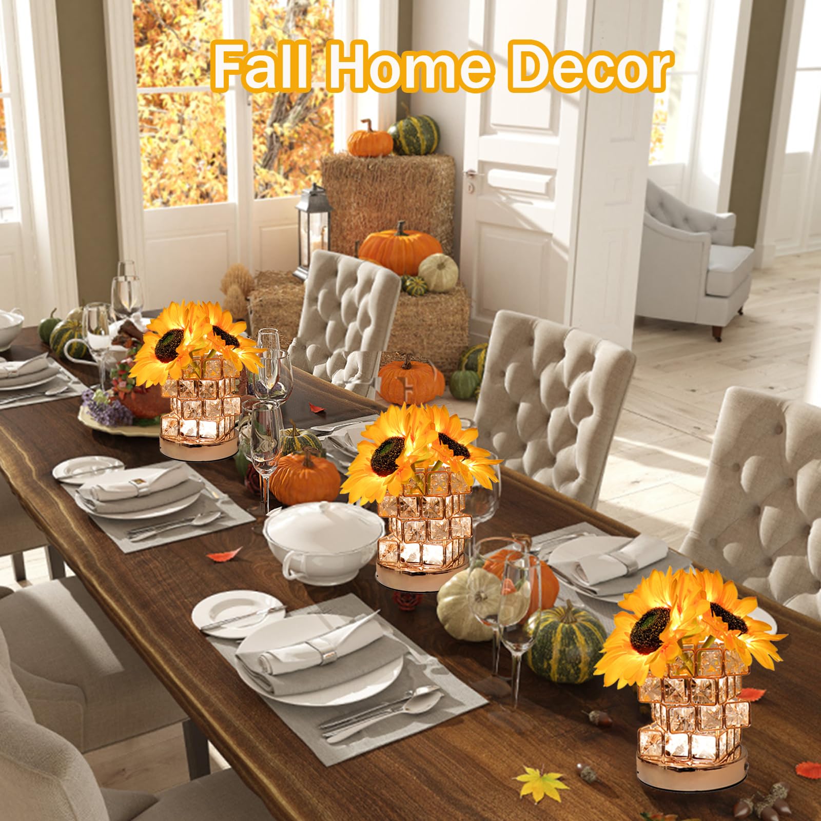 Dimmable LED Sunflower Table Lamp with Touch Control & Crystal Vase - USB Rechargeable Cordless Desk Light for Bedroom, Living Room, Office | Home Decor, Gift Idea (Yellow) | Perfect for Night Reading, Romantic Ambiance & Cozy Spaces