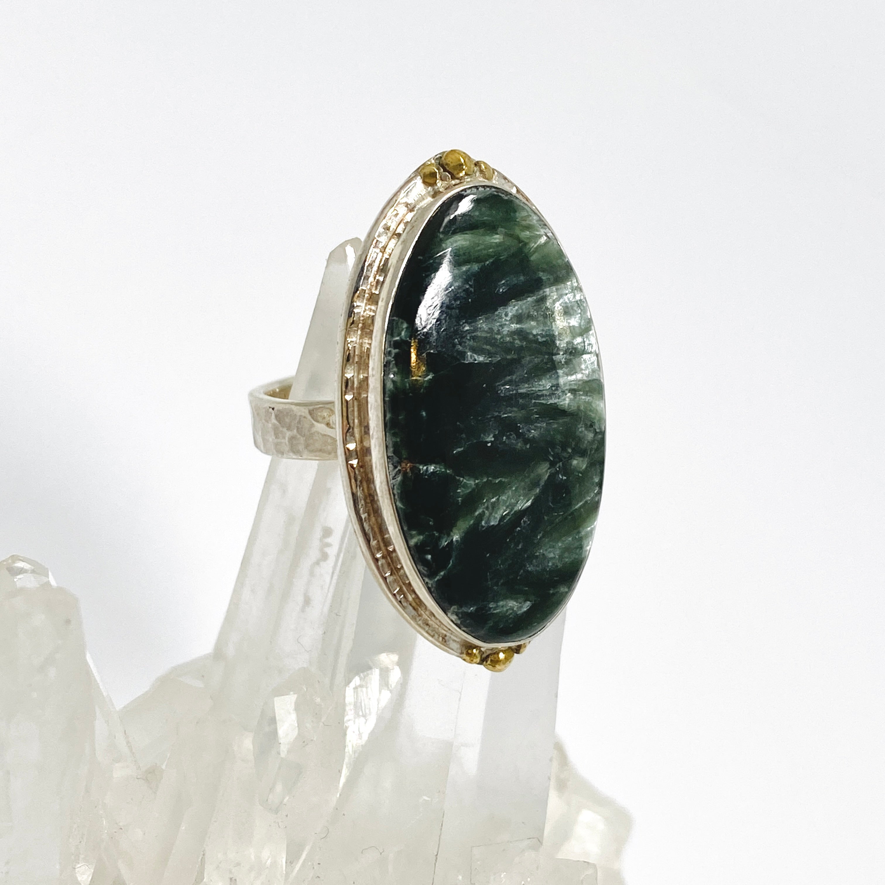 Seraphinite Oval Cabochon Ring - Size 9 Sterling Silver Jewelry KRGJ3393 | Elegant Gift for Women, Perfect for Weddings & Special Occasions