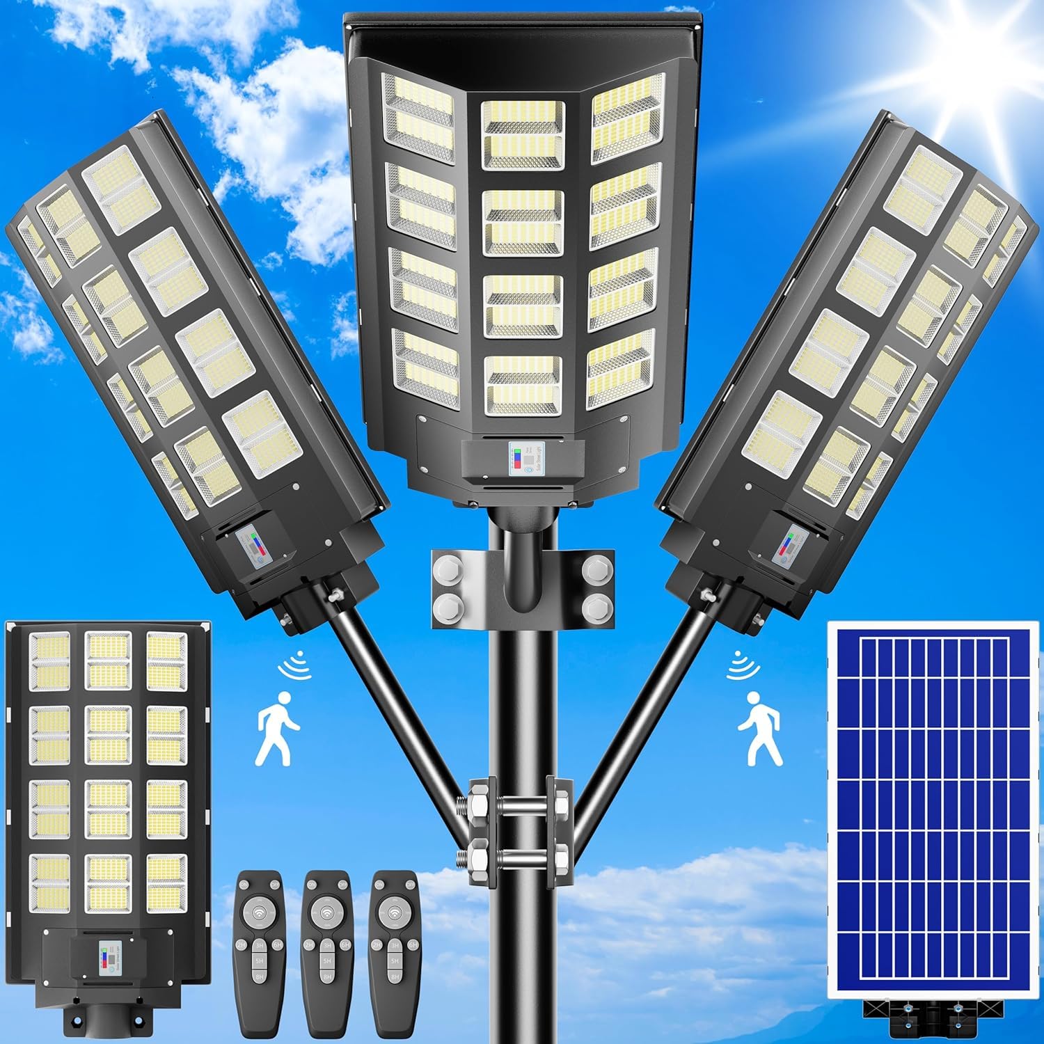 9600W Solar Parking Lot Lights - 3-Pack 360000LM 7000K LED Solar Street Lights with Motion Sensor | Dusk to Dawn Outdoor Lighting for Parking Lots, Driveways, Yards & Pathways | Weatherproof Solar Powered Security Lights