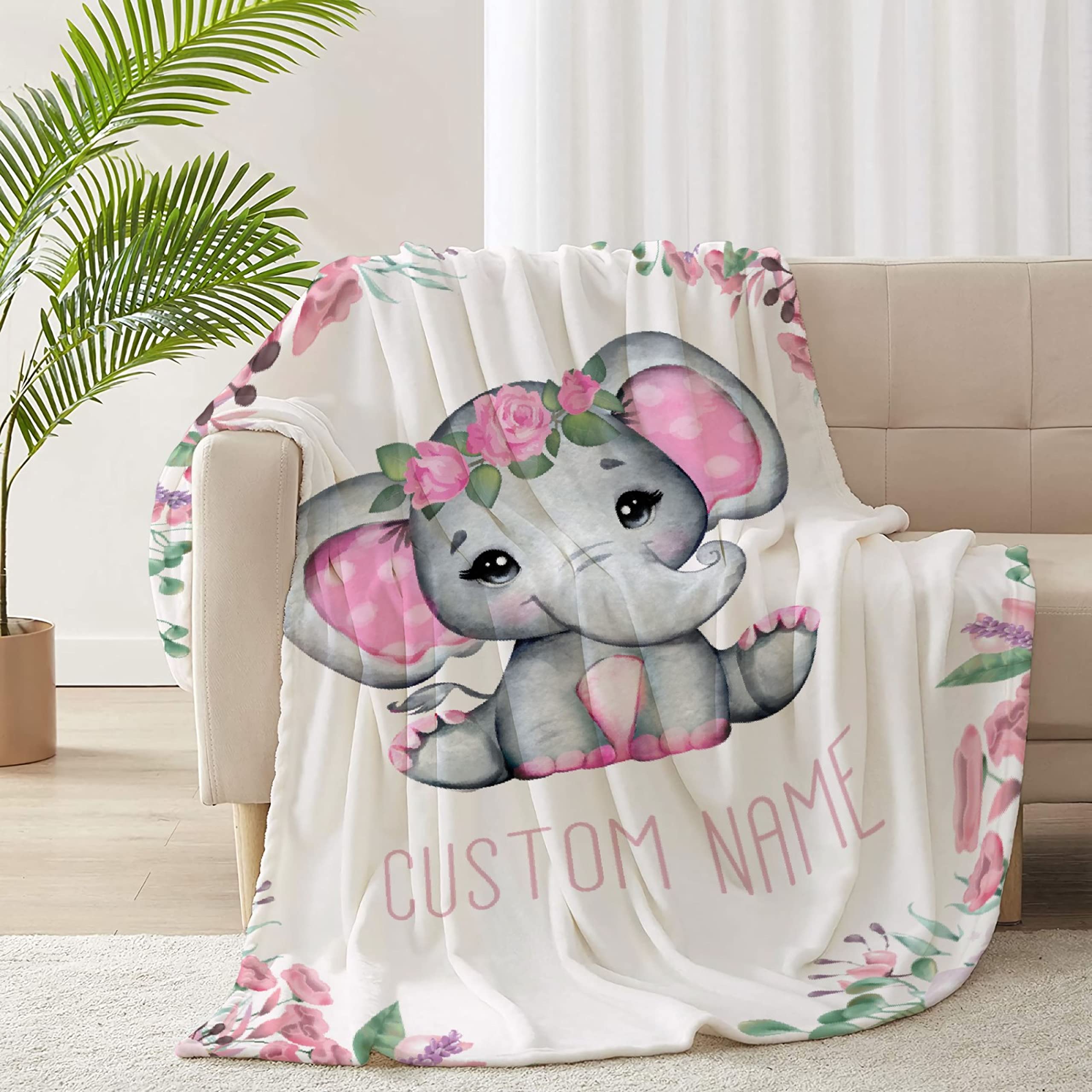 Personalized Baby Blanket with Name - Pink Floral Elephant Design Custom Fleece Blanket for Girls & Boys | Soft 120