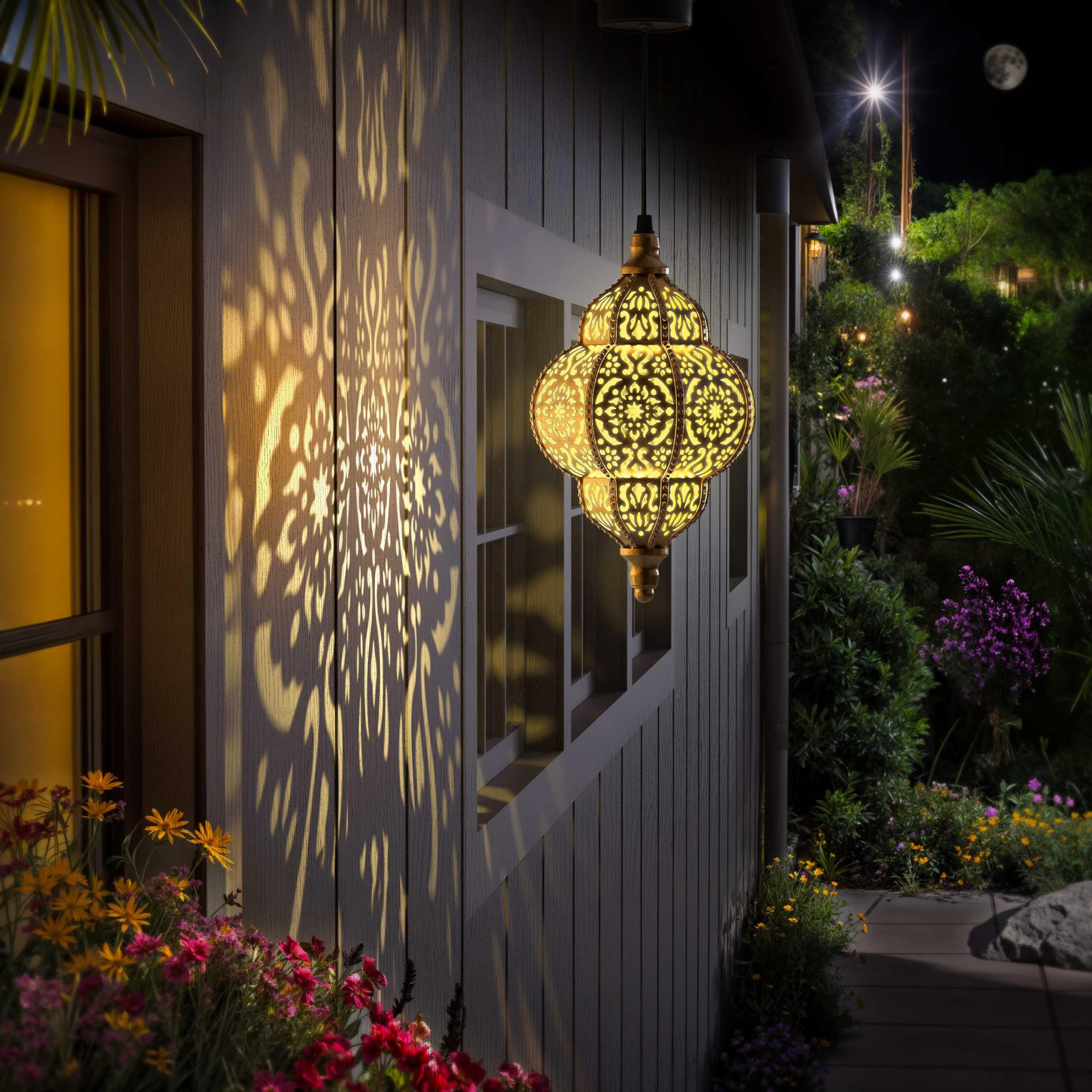 Hapjoy 2 Pack Bronze Hanging Solar Lights Outdoor - Waterproof Moroccan Solar Lanterns for Garden, Patio, Pathway, Yard & Backyard Decor - Weather-Resistant Plastic Decorative Lighting for Evening Ambience