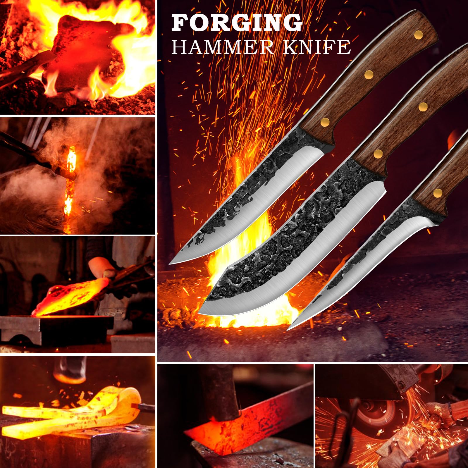 **UniqueFire 3-Piece Professional Chef Knife Set - High Carbon Steel Hand-Forged Kitchen Knives with Ergonomic Wood Handle - Sharp Butcher & Meat Cleaver Knives for Home & Restaurant - Perfect for Cooking, Slicing, and Meat Preparation**