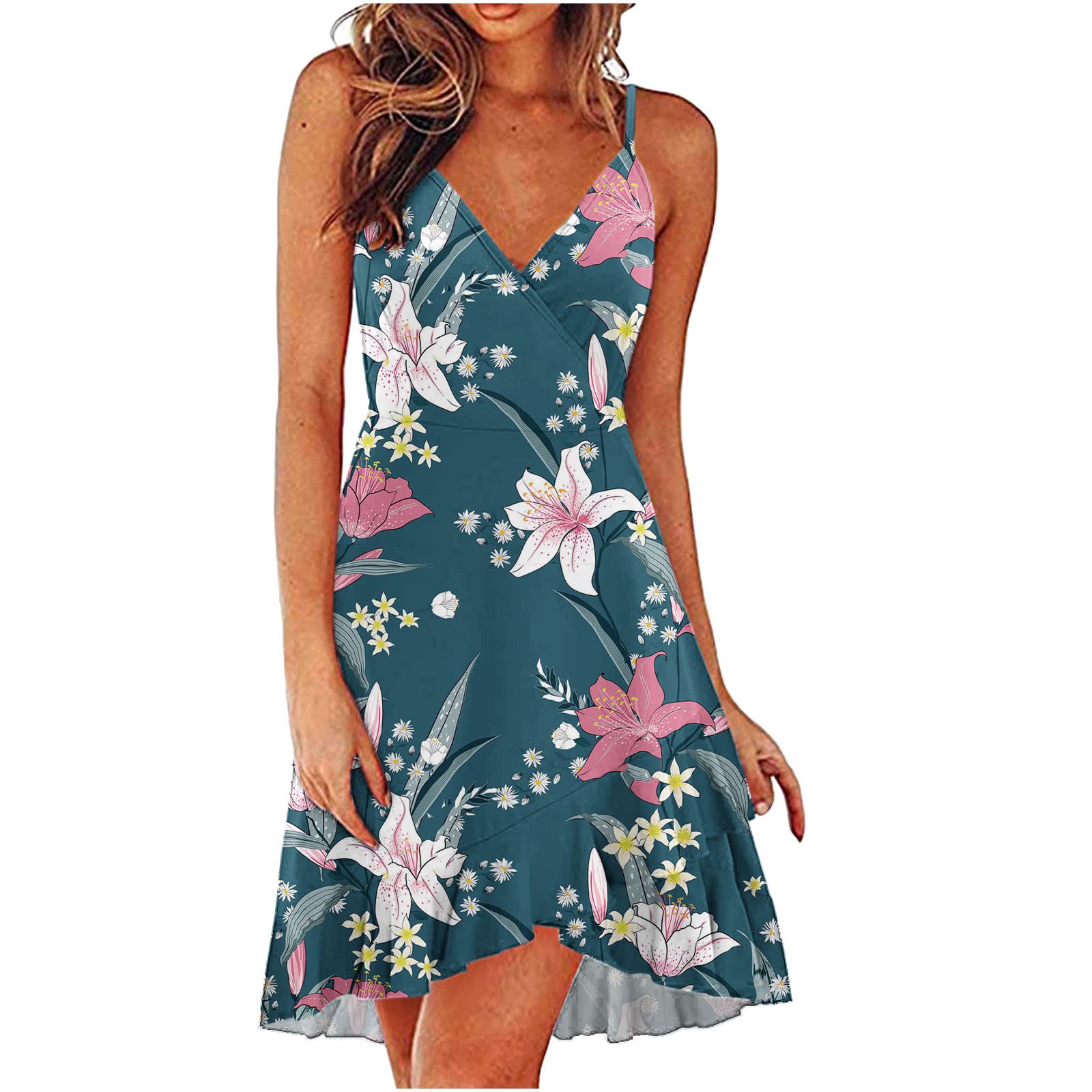 2022 Women's Summer Dresses - Casual V-Neck Floral Print Sleeveless Loose Camisole & Button Down Denim Midi Dress | Perfect for Beach Vacations, Date Nights and Summer Outings