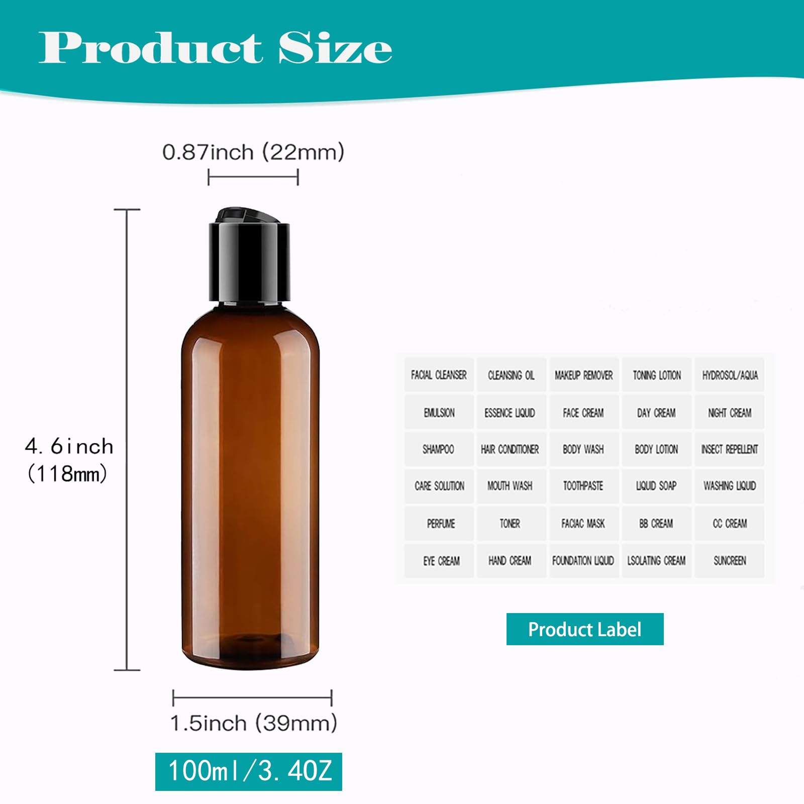 4-Pack 3.4oz/100ml Travel Toiletry Bottles with Flip Caps - Leak-Proof Squeezable Plastic Containers for Shampoo, Conditioner & Lotion - Refillable Cosmetic Kit for Airplane Travel, Gym & Vacation Essentials (Brown)