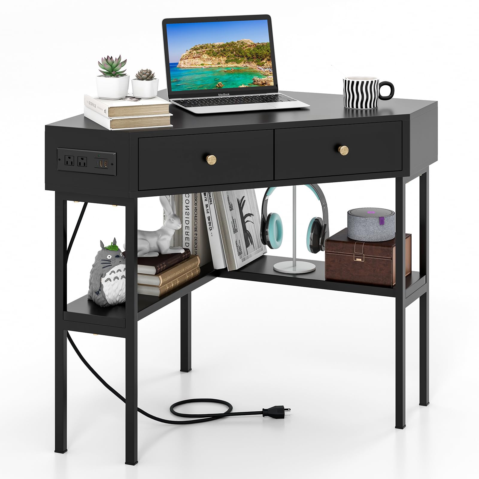 Tangkula 90-Degree Corner Desk with 2 Drawers, Built-in USB Charging Station & Storage Shelves - Compact Triangle Computer Desk for Small Spaces, Home Office, Bedroom Vanity or Study Writing Desk - Perfect for Apartments, Dorms & Workspaces
