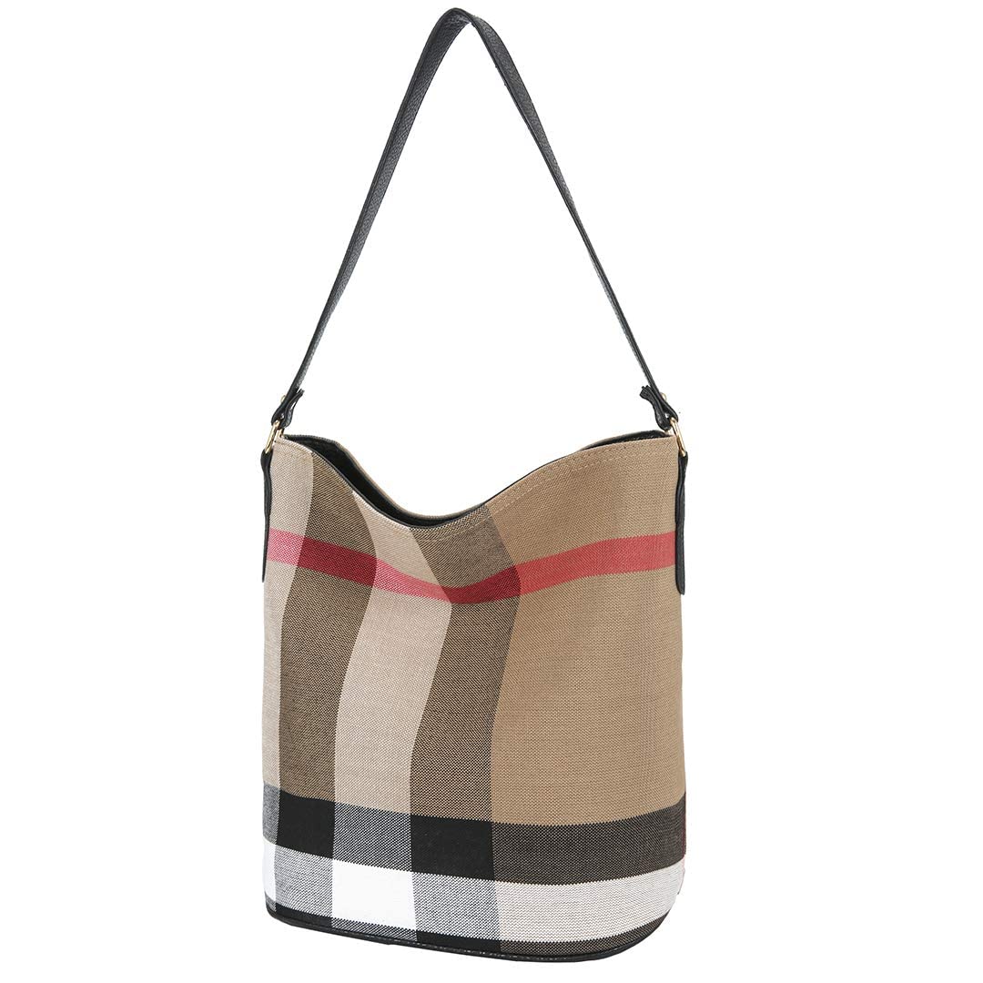 Stylish Plaid Canvas Tote Bag for Women - Fashion Designer Shoulder Handbag & Bucket Purse in Black | Perfect for Work, Travel, and Everyday Use
