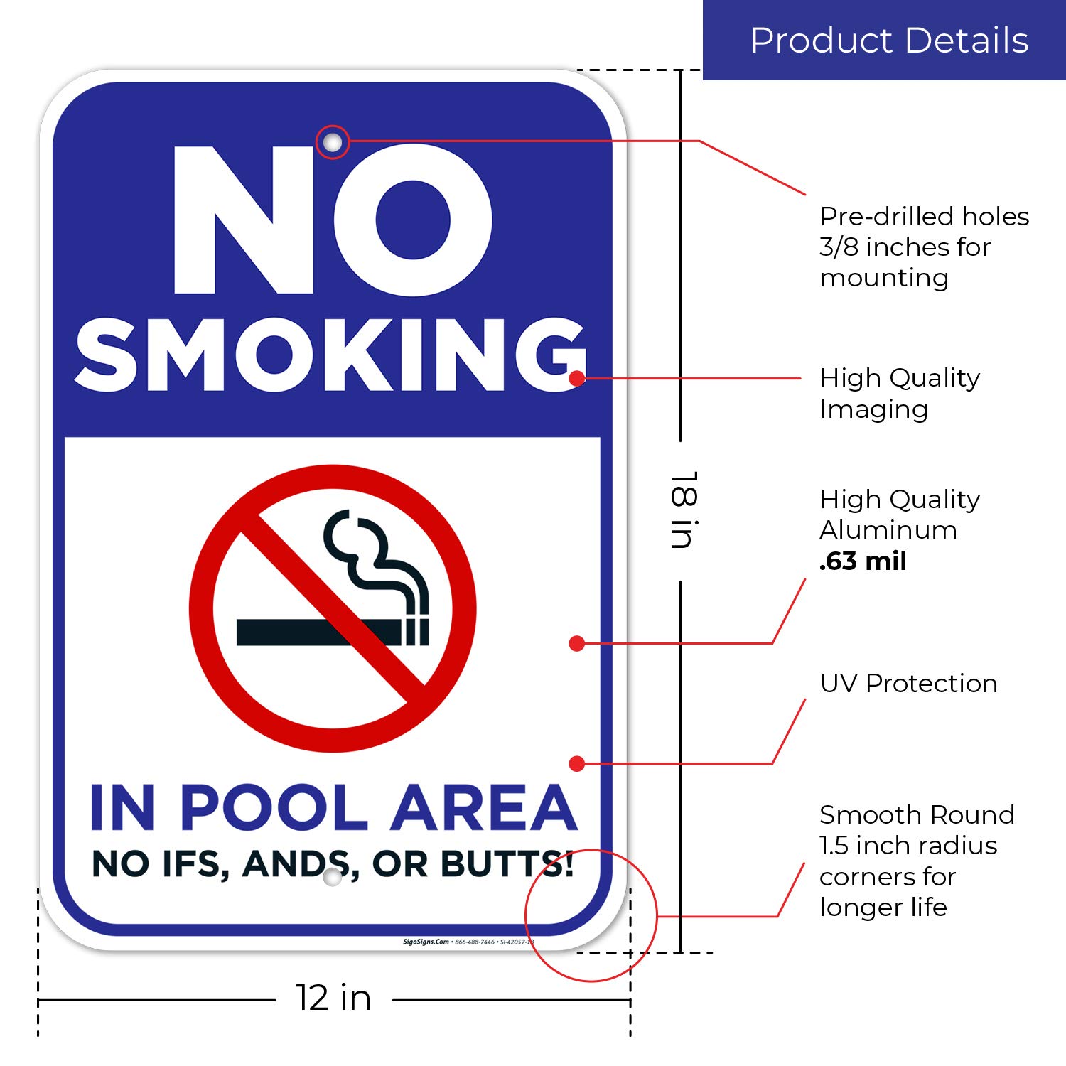 Pool No Smoking Sign - 12x18 Inch Rust-Free Aluminum 'No IFS, Ands, Or Butts!' Sign for Swimming Pools, Resorts & Community Areas - Fade Resistant, Made in USA