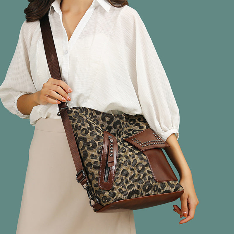 Stylish Houndstooth Backpack for Women - Fashionable Leopard Print Shoulder Bag with Rivet Design | Perfect for Work, Travel & Daily Use