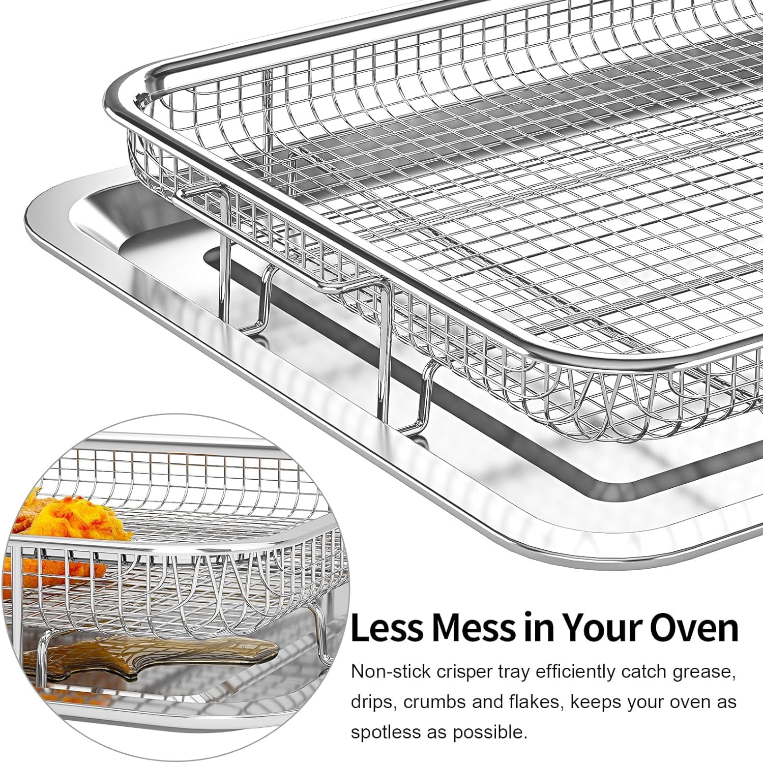 OPENICE 15.6 x 11.6 Inch Large Stainless Steel Air Fryer Basket & Pan Set with 30 PCS Parchment Papers - Oven Safe Baking Tray for Grilling, Roasting & Healthy Cooking - Perfect for Chicken Wings, French Fries & Vegetables