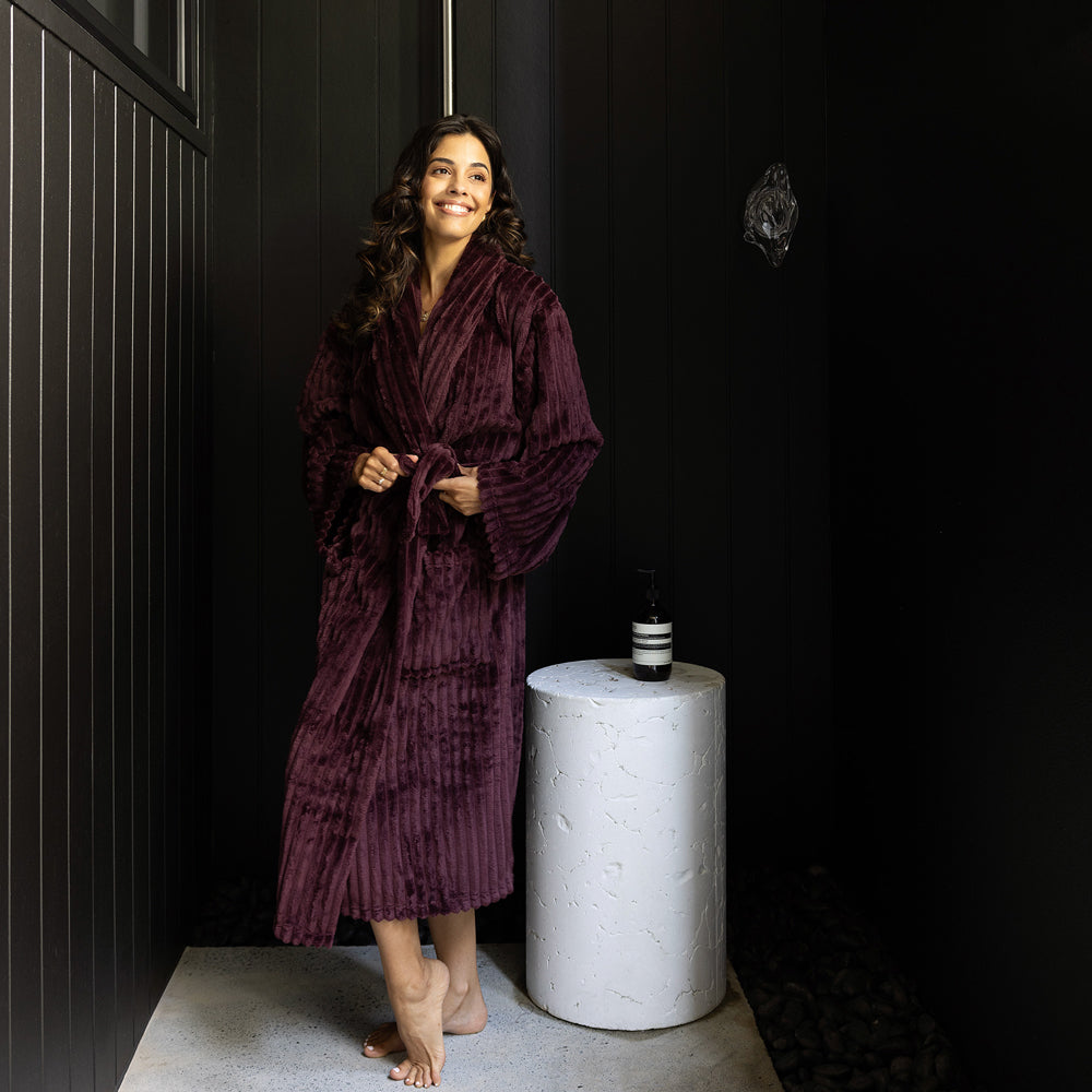 Plush Channel Fleece Bathrobe for Women - Soft & Cozy Plum Robe, Small/Medium Size - Perfect for Spa, Lounge & Relaxation at Home