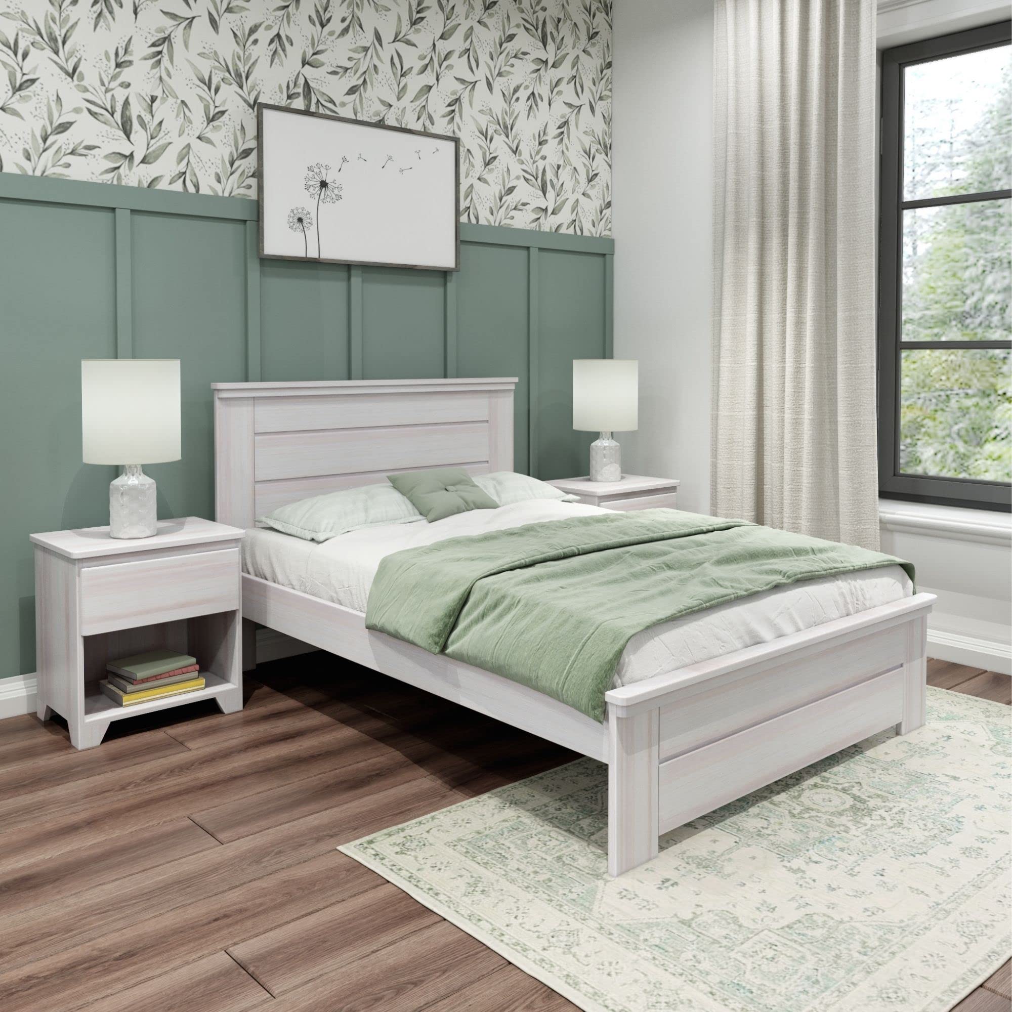 Max & Lily Modern Farmhouse Platform Bed with Panel Headboard - Full Size White Wash Wooden Bed Frame for Bedroom, Guest Room or Kids Room - Sturdy & Stylish Home Furniture