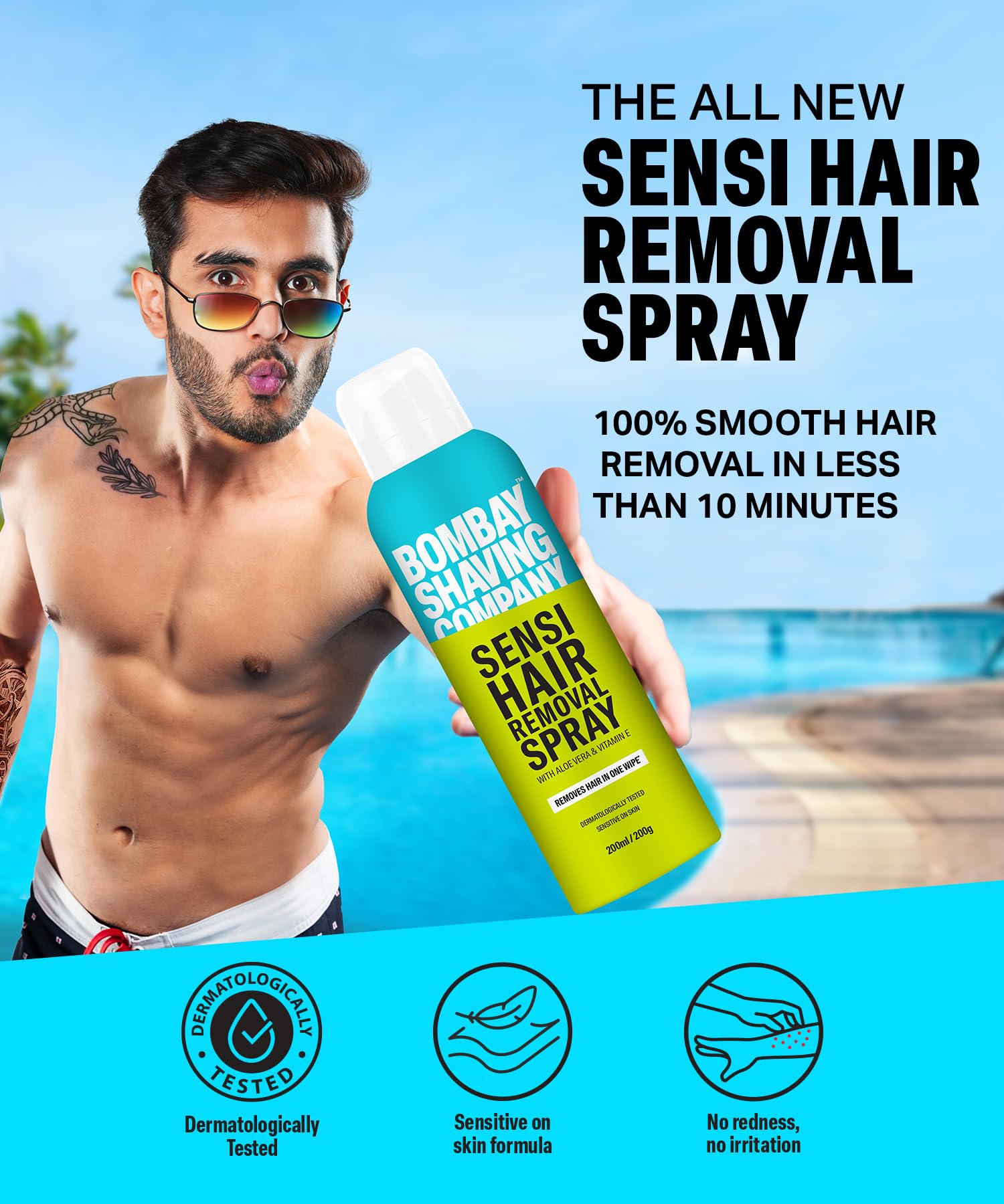Bombay Shaving Company Sensi Hair Removal Spray - 200ml | Painless & Irritation-Free Depilatory Spray for Women & Men | For Chest, Arms, Underarms, Legs & Bikini Area | Natural Ingredients with Pleasant Fragrance | At-Home Hair Removal Solution for Smooth Skin | Perfect for Pre-Vacation, Summer & Special Occasion Prep