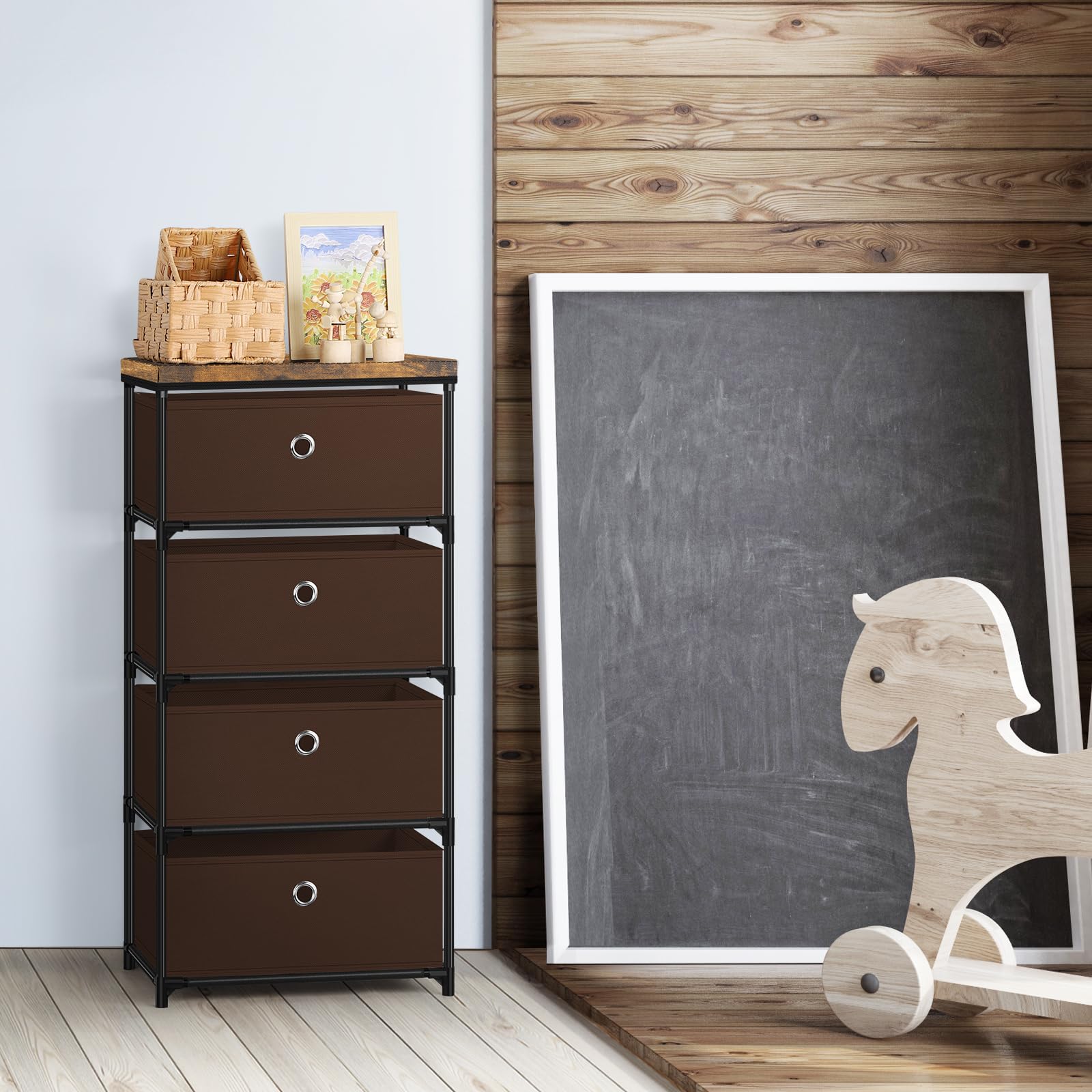 MOOACE 4-Drawer Fabric Storage Dresser - Clothes Organizer & Storage Tower for Bedroom - Small Fabric Chest of Drawers - Brown - Perfect for Closet Organization, Nursery Storage & Small Space Living