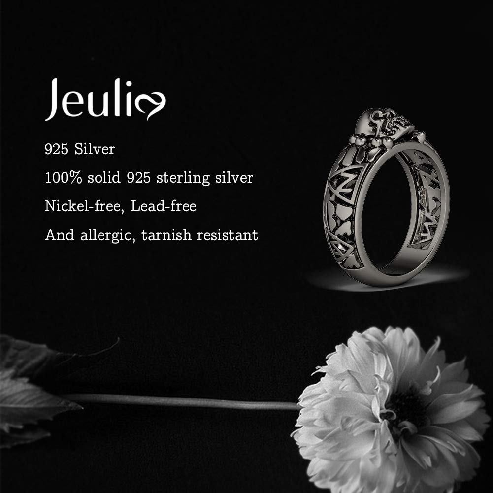 Jeulia 0.5 CT 925 Sterling Silver Skull Ring for Women & Men - Black Tone Eternity Band with Cubic Zirconia (CZ) - Gothic Wedding, Engagement, Anniversary Jewelry Gift - Perfect for Punk, Rock, and Alternative Fashion Lovers