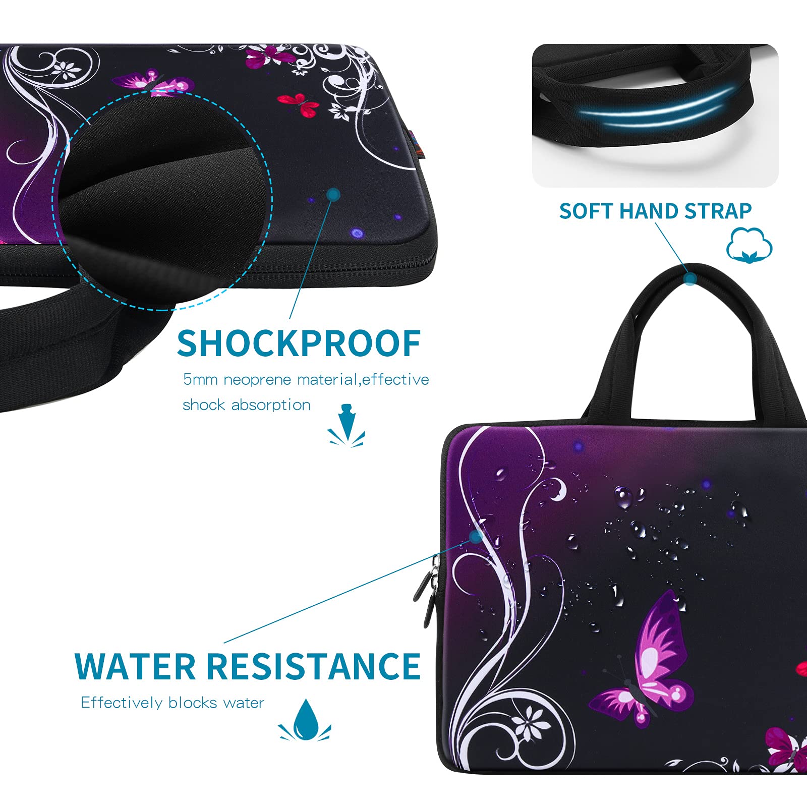 Premium Neoprene Laptop Sleeve Case for 11-12.5 Inch MacBook Air, Chromebook, Ultrabook & Tablet - Lightweight Protective Cover with Purple Butterfly Design - Perfect for Travel, Office & School Use