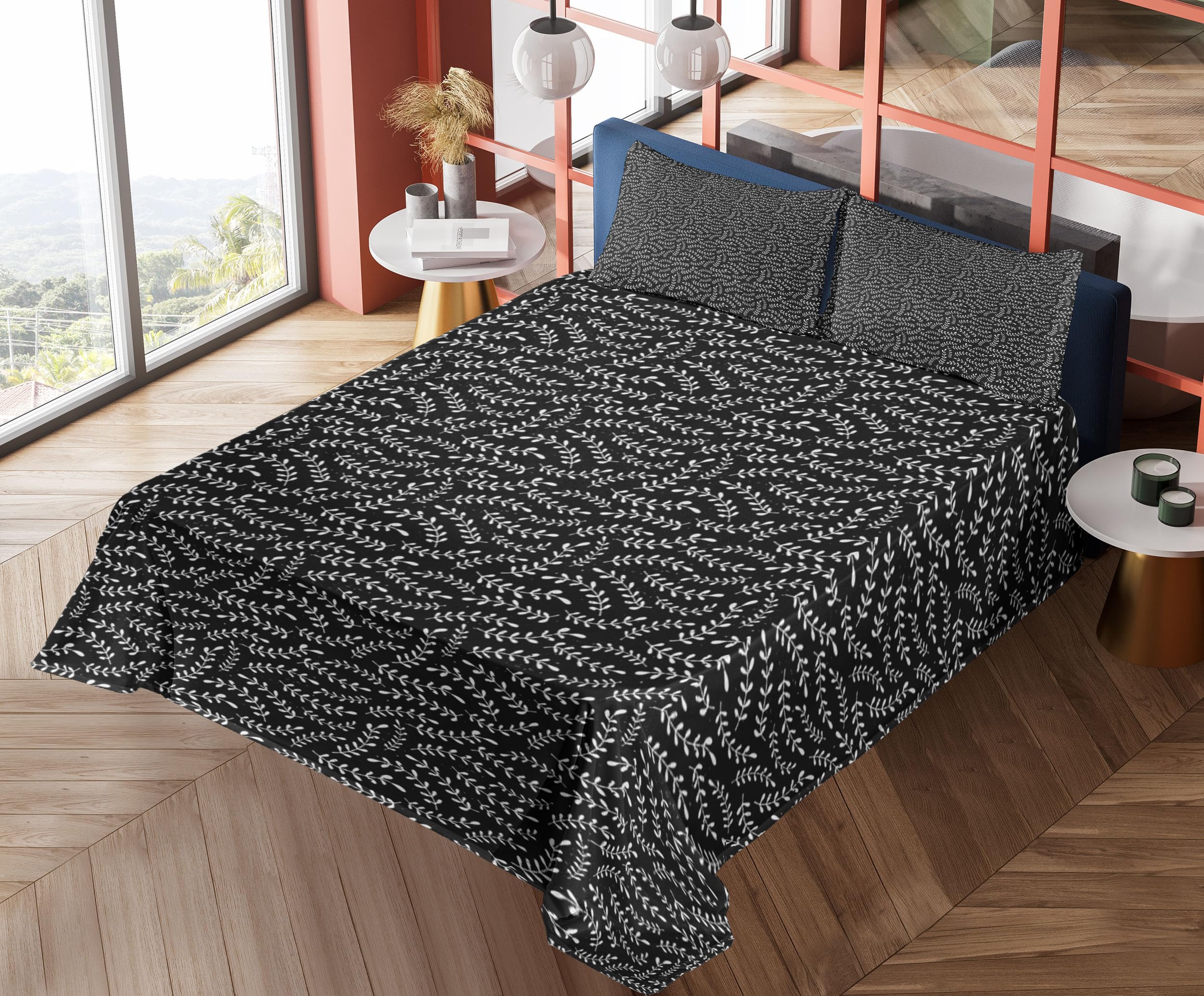 Ambesonne Abstract Laurel Plant Silhouette Bed Sheet Set - 4 Piece King Size with Fitted Sheet, Flat Sheet & Pillowcases - Grunge Pattern Monochrome Illustration in Charcoal Grey & Pearl - Perfect for Modern Bedrooms, Guest Rooms & Bohemian Home Decor