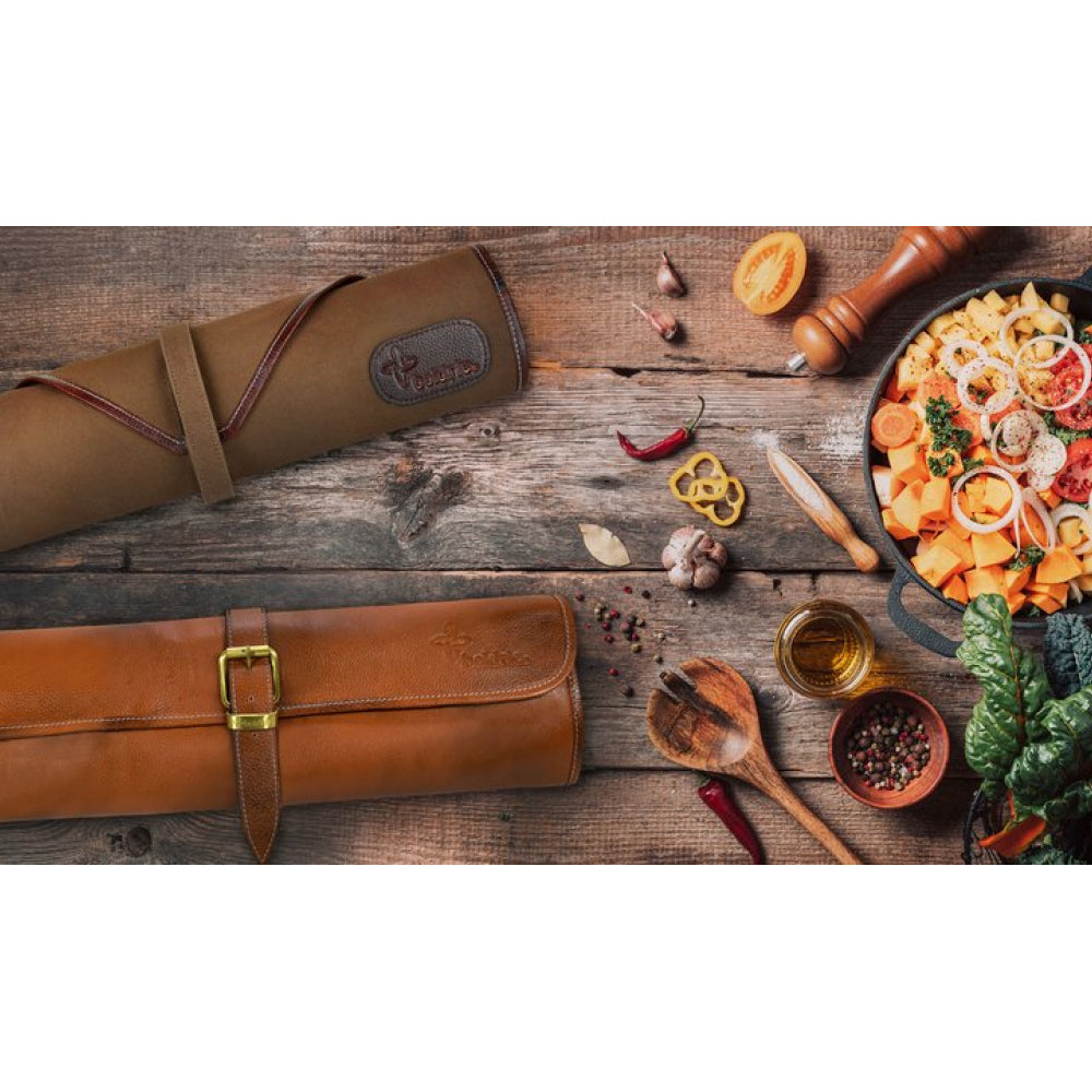 BOLB122 8-Pocket Brown Leather Knife Roll Bag with Buckle - Perfect for Chefs, Butchers & Outdoor Enthusiasts - Durable & Stylish Knife Storage for Kitchen, Hunting & Camping