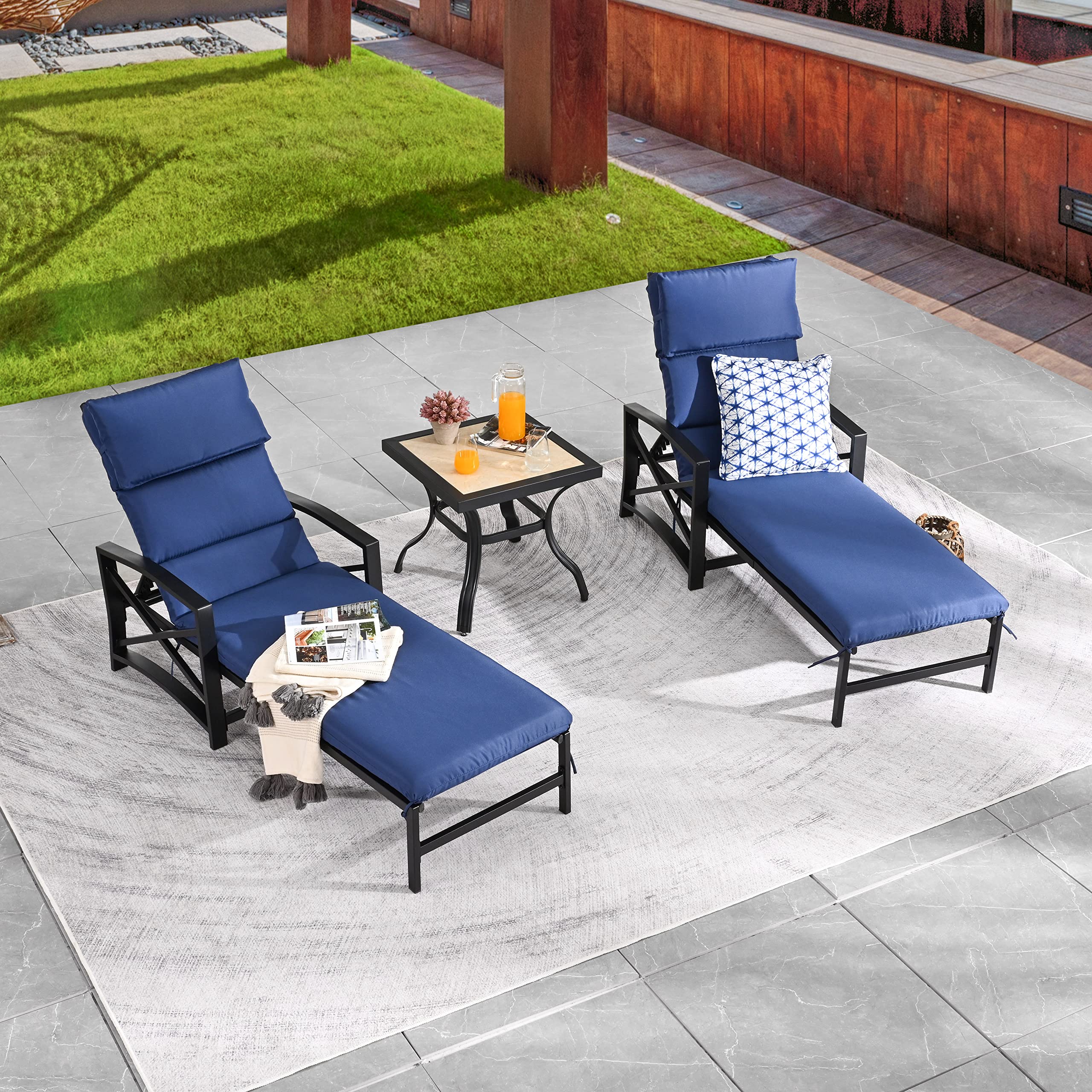 LOKATSE HOME Patio Chaise Lounge Chair Set with Side Table - Outdoor Metal Furniture for Poolside, Garden & Backyard - Weather-Resistant Blue Lounge Chairs