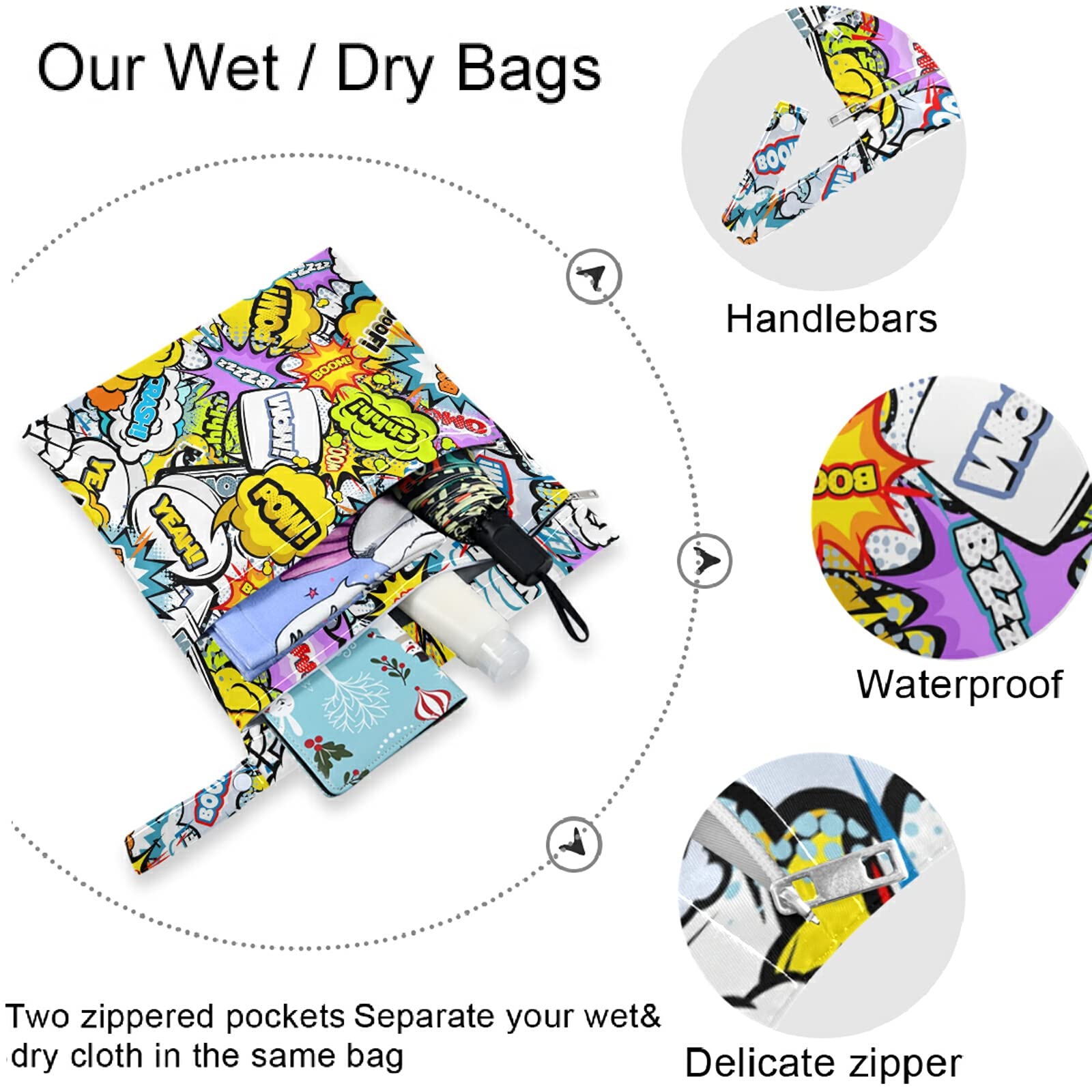 Visesunny 2-Pack Waterproof Wet Bags with Zipper Pockets - Colorful Speech Bubble & Cloud Design - Reusable, Washable, Roomy Storage for Swimsuits, Gym Clothes, Diapers - Perfect for Travel, Beach, Pool, Daycare & Stroller Use