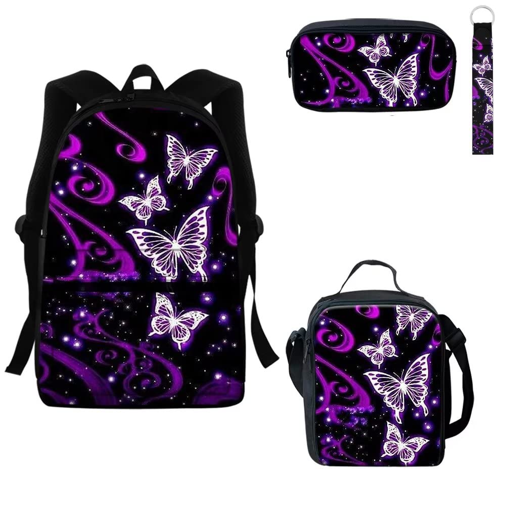 **Waterproof Kids Backpack with Laptop Compartment - School Backpack for Girls & Women, Insulated Lunch Tote, Pencil Bag & Keychain (4-Pack, Purple Butterfly) - Perfect for School, Travel & Daily Use**