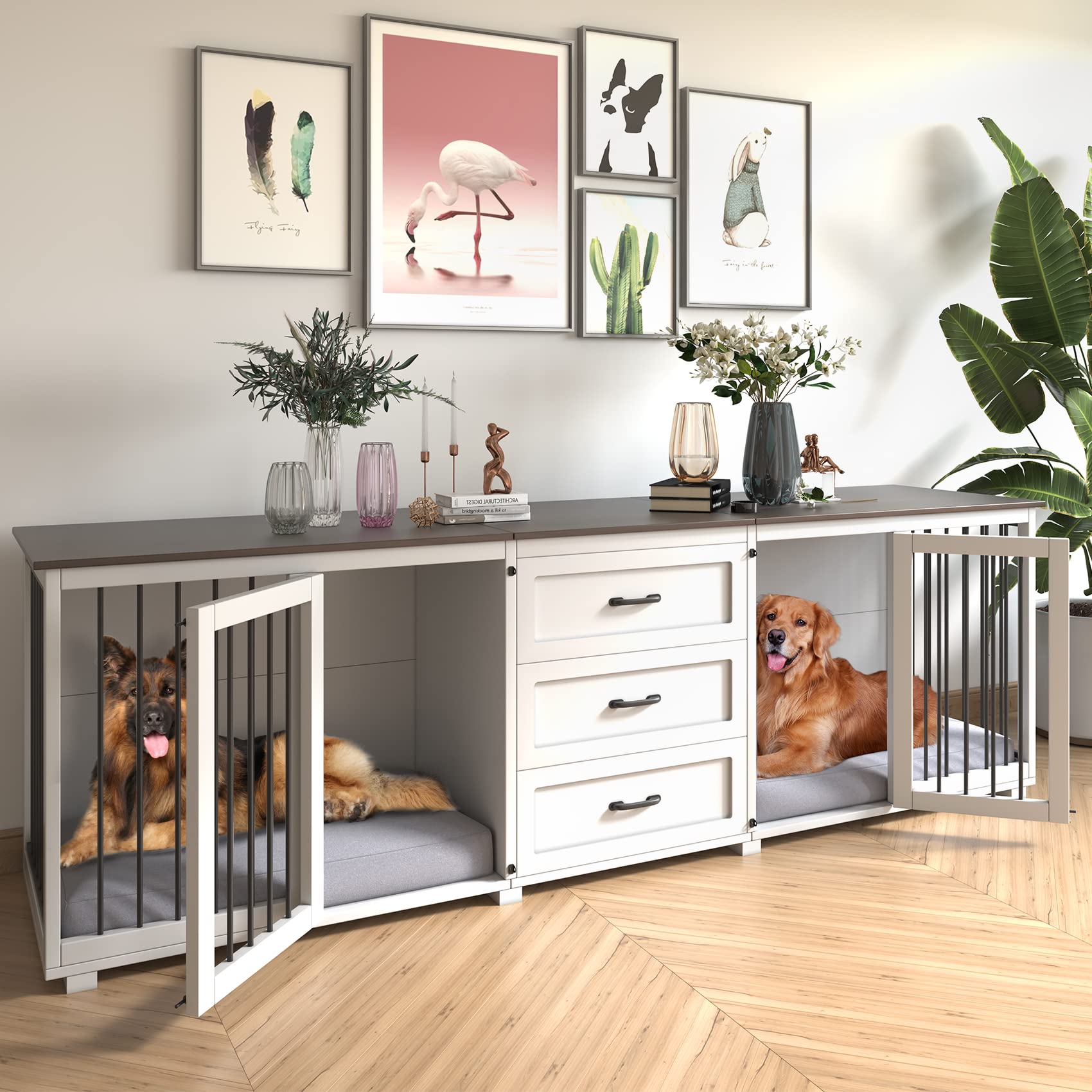 Farmhouse Style Wooden Dog Crate Furniture with 3 Drawers & Double Locking Doors - 95