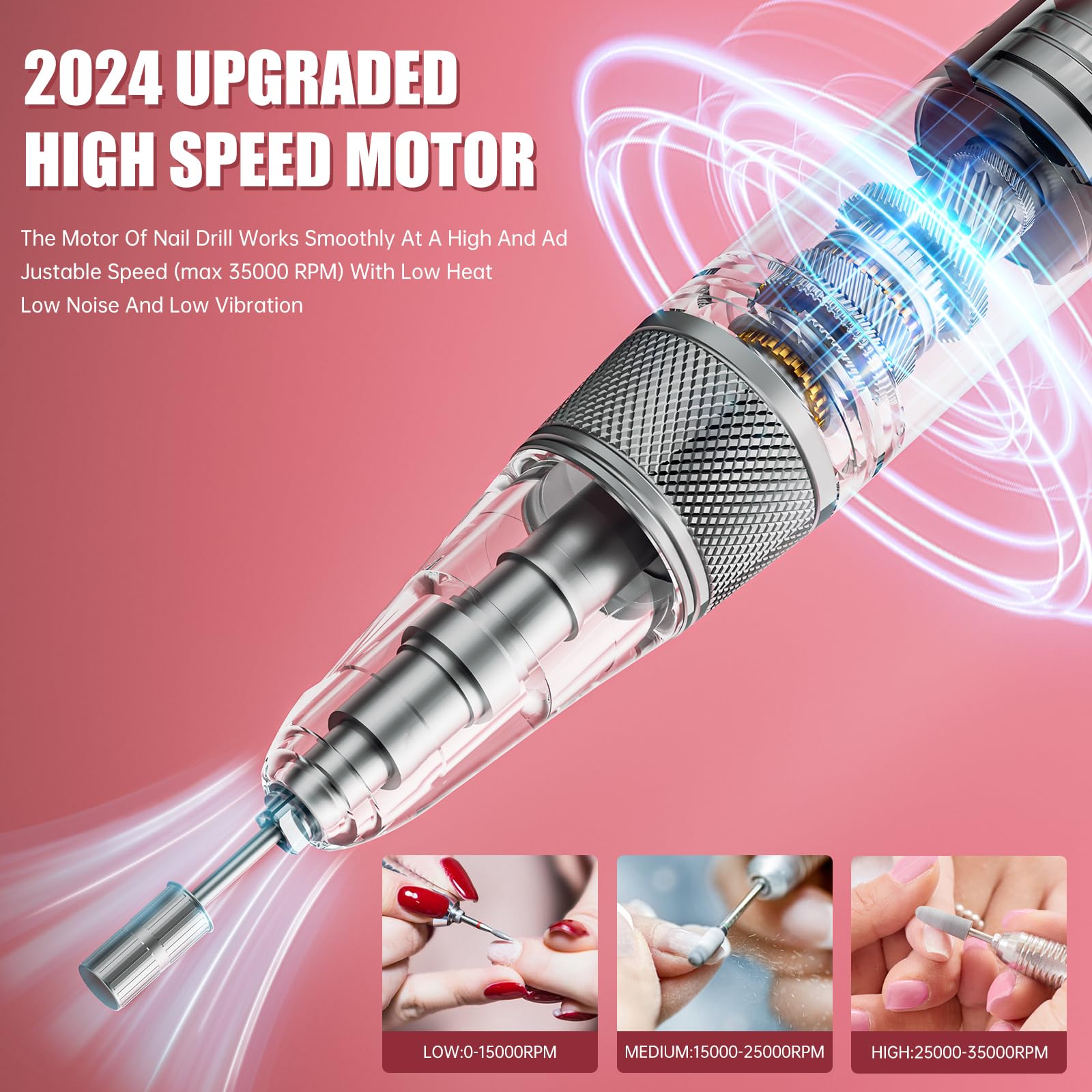 Professional 35000RPM Rechargeable Electric Nail Drill Machine - Portable Nail File for Acrylic & Gel Polish, Manicure Pedicure Buffer & Grinder Tool with Polishing Attachments (Pink) | Perfect for Home Nail Care & Salon Professionals