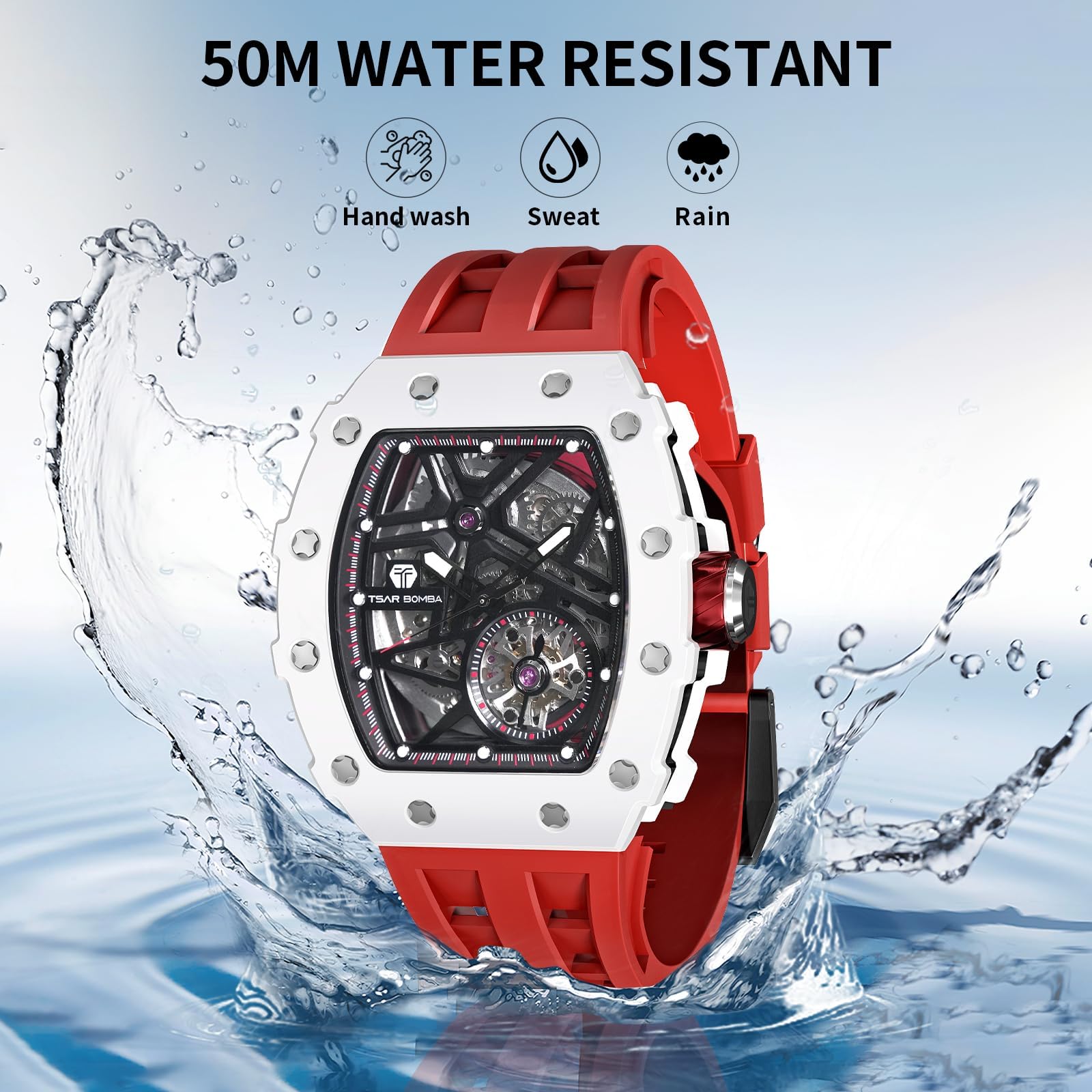 TSAR BOMBA Men's Automatic Watch - Luxury Skeleton Tonneau Design, 50M Waterproof, Silver Square Big Face with Silicone Strap - Perfect for Business, Formal Events & Everyday Wear