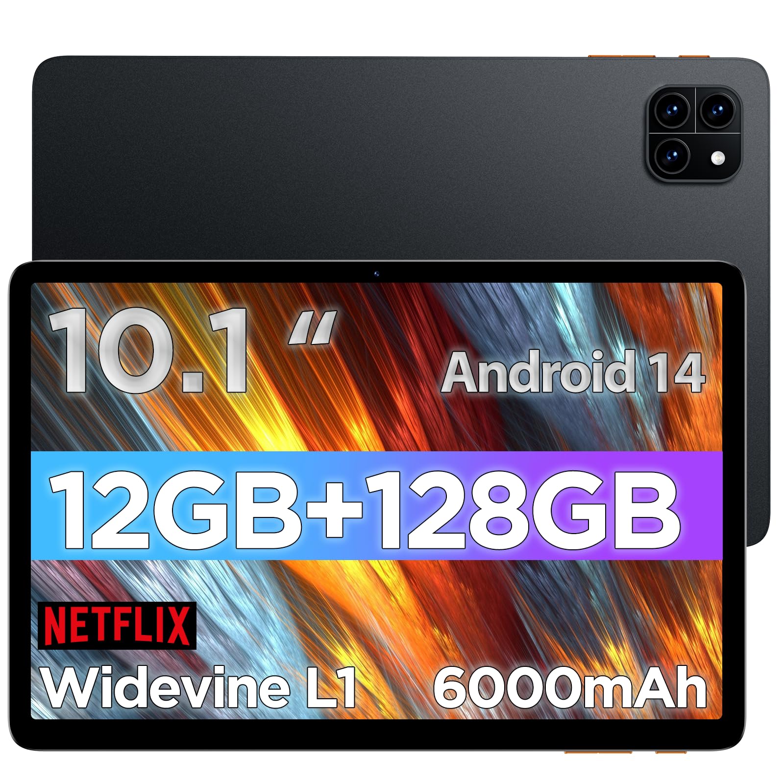 10.1 Inch Android 14 Tablet with Octa-Core Processor, 12GB RAM & 128GB ROM (Expandable to 2TB) - Full HD 800x1280 Display, WiFi 6, Bluetooth 5.4, Dual Cameras & Speakers, 6000mAh Battery - Perfect for Work, Study, Streaming & Gaming (Black)