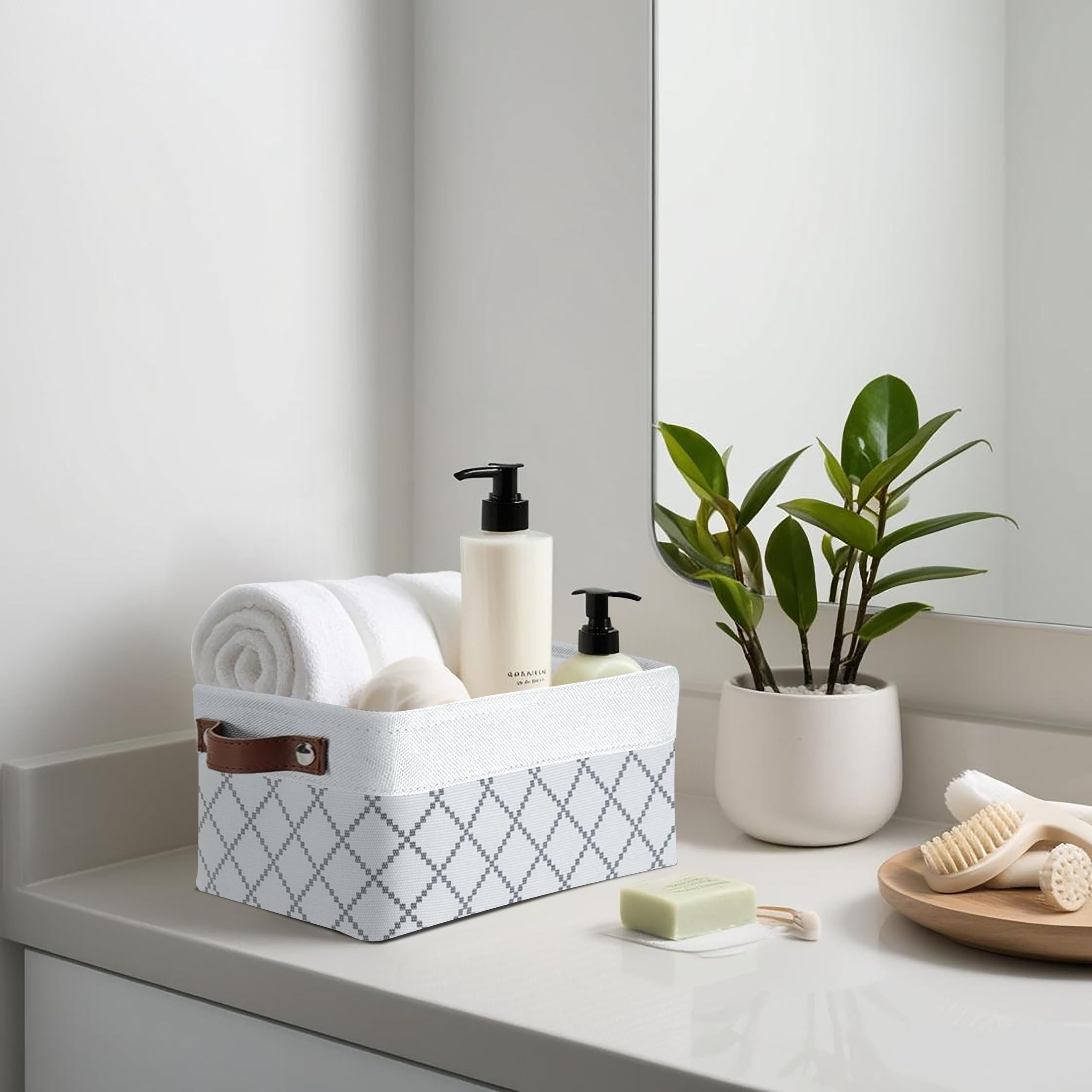 DECOMOMO Small Storage Baskets 6-Pack - White Check Fabric Closet Organizer Bins for Shelves, Bathroom, Nursery & Home Organization - Perfect for Bedroom, Office & Pantry Storage