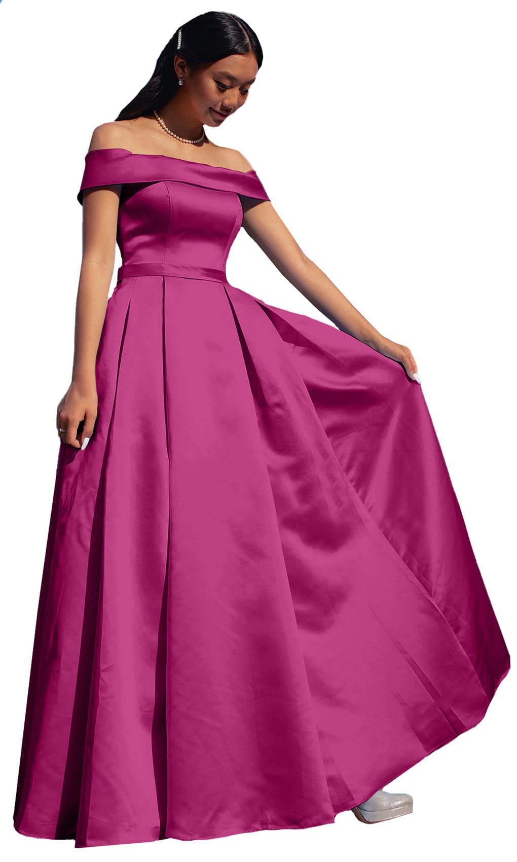 ANGELWARDROBE Women's Long Off Shoulder Prom Dress - Satin A-Line Formal Evening Gown with Slit Pockets for Homecoming, Wedding Guest & Black Tie Events