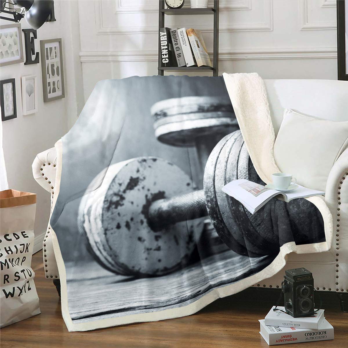 **Barbell Weightlifting Bedding Set - Stone Grey Sherpa Throw Blanket for Bed, Couch & Sofa - 90x90 Inch Cozy Blanket for Girls & Boys - Perfect for Gym Lovers, Home Decor & Photo Shoots**