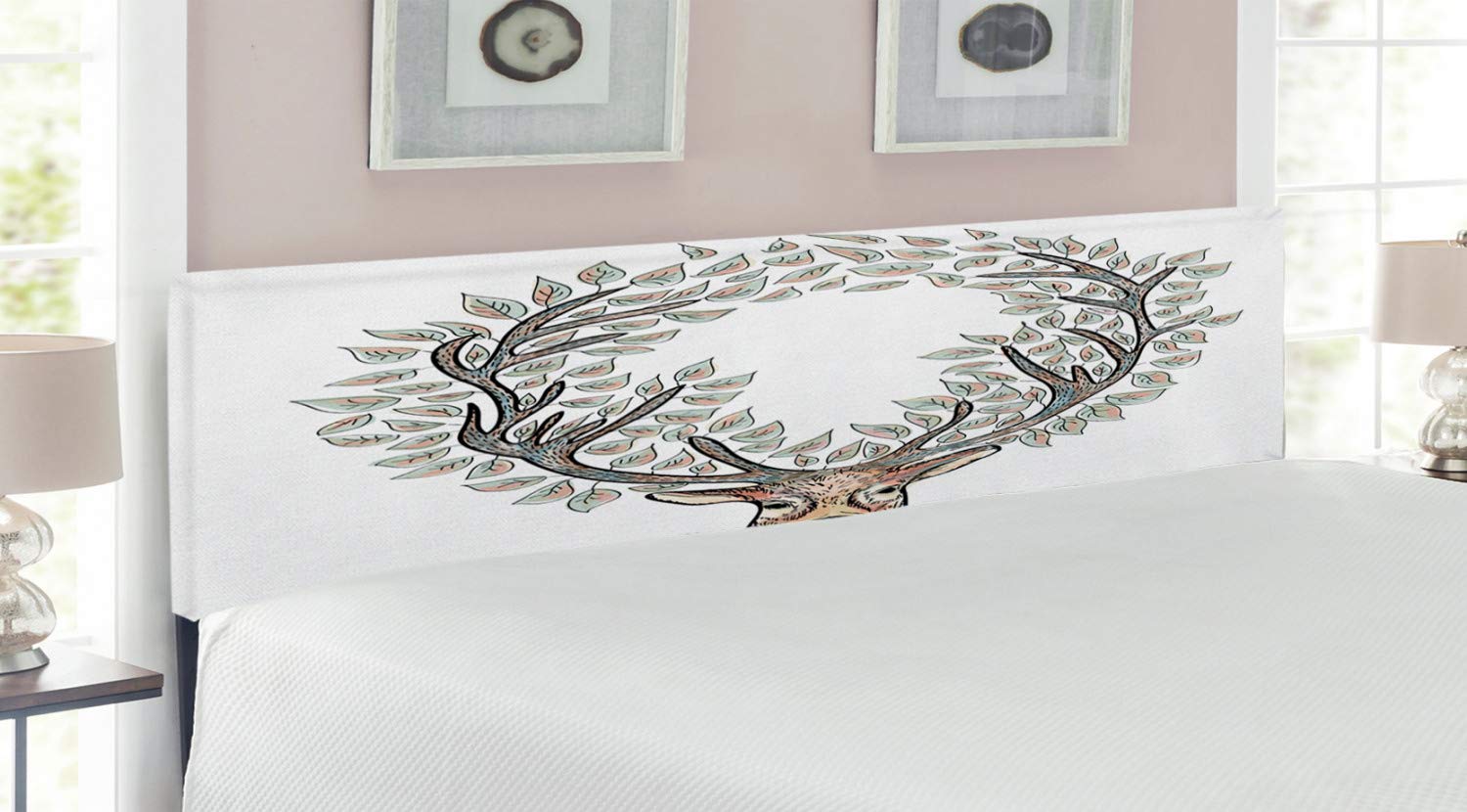Ambesonne King Size Upholstered Metal Bed Headboard with Memory Foam - Pastel Pink & Blue Deer Design, Floral Horns Mythical Creature for Bohemian & Hipster Bedroom Decor | Perfect for Master Bedrooms, Guest Rooms & Cozy Apartment Styling