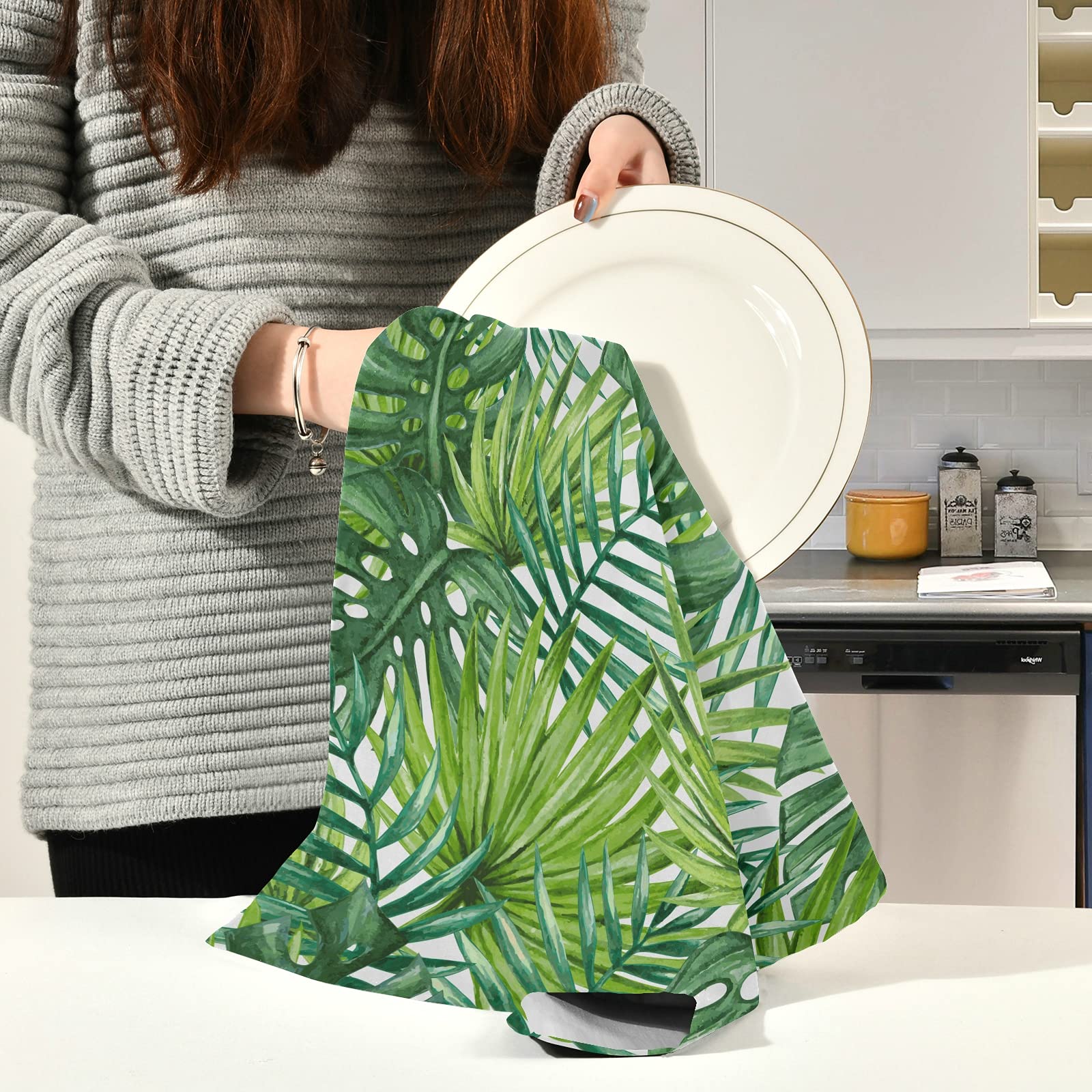 ALAZA Green Palm Leaves Tropical Summer Kitchen Towels - Super Absorbent & Soft Dish Cloths (18x28 Inches) - Perfect for Dishes, Bar Cleaning & Tea Time - 1 Pack