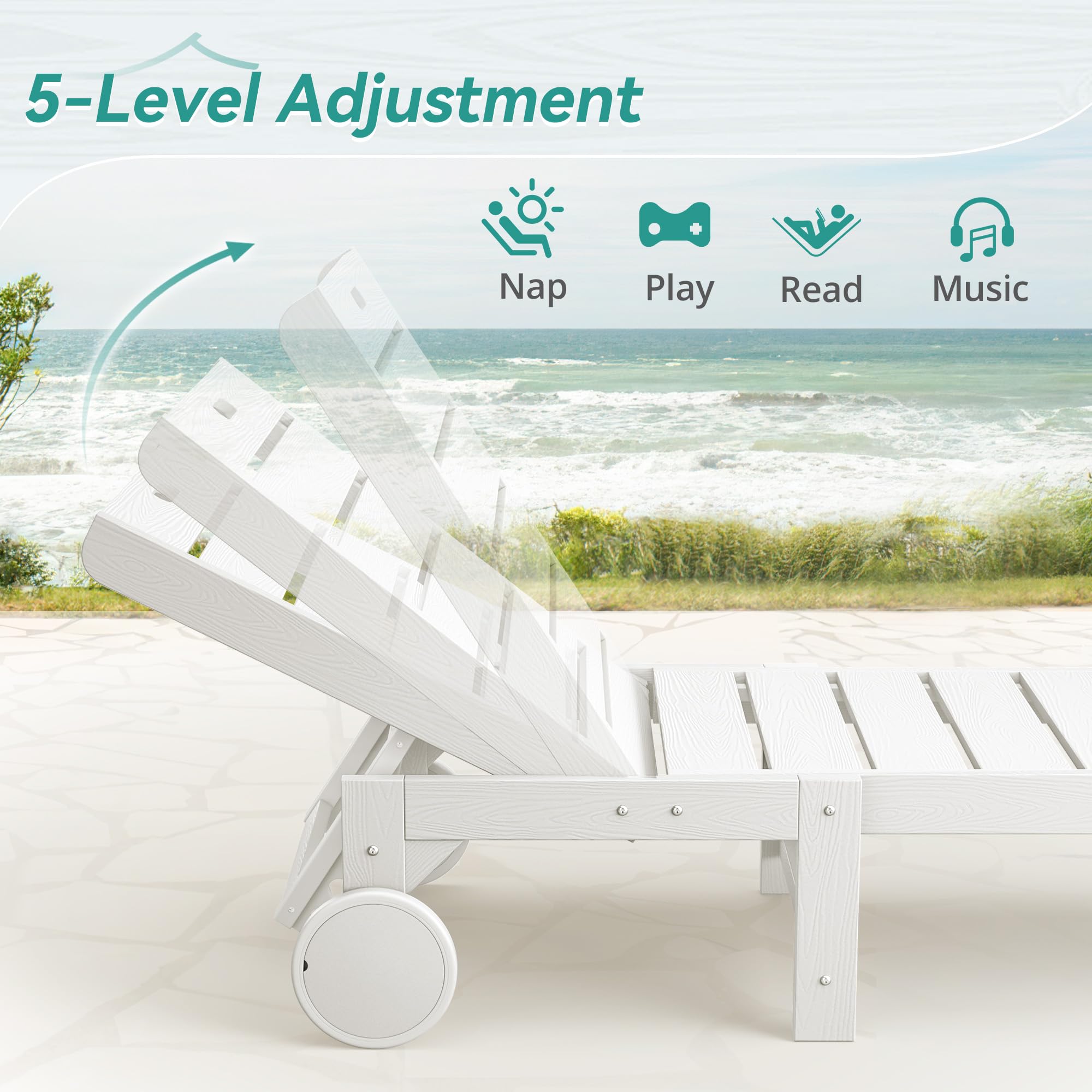 3-Piece White HDPS Outdoor Chaise Lounge Chair with Table & 5-Position Backrest - Patio, Poolside & Beach Lounge Chair with Wheels for Relaxing by the Pool, Garden or Backyard