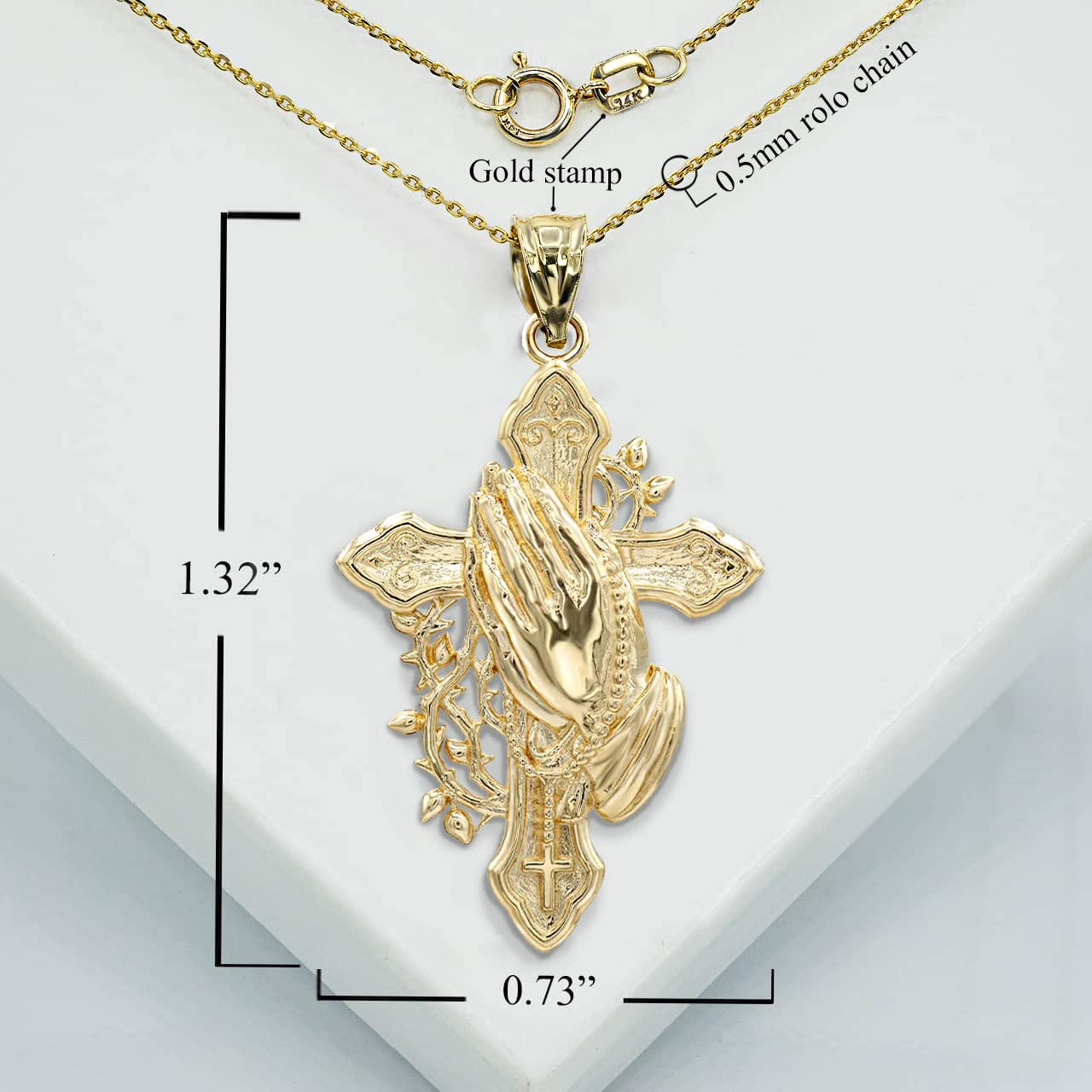 10K Solid Gold Cross Necklace with Praying Hands & Rosary Pendant - Religious Jewelry for Women, Baptism Gift, First Communion, Confirmation, and Everyday Faith Wear