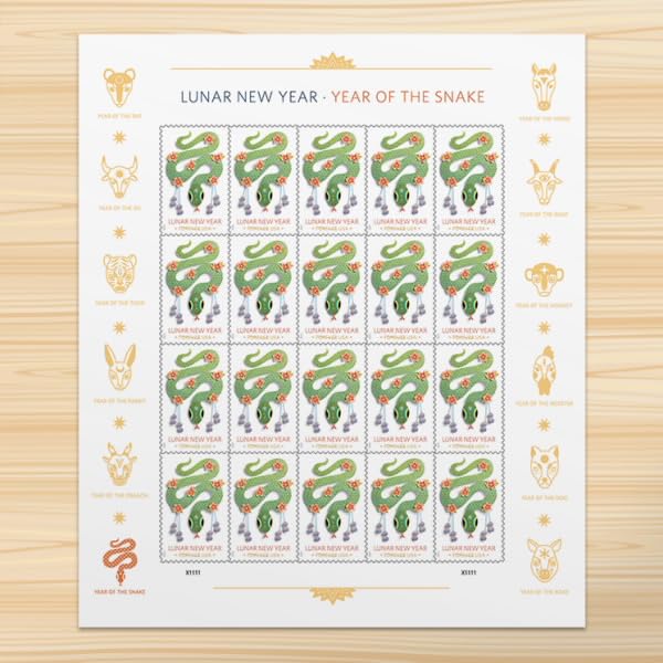2025 Year of The Snake Lunar New Year Commemorative Stamps - Sheet of 20 USPS Postage Stamps for Collectors & Holiday Mailing
