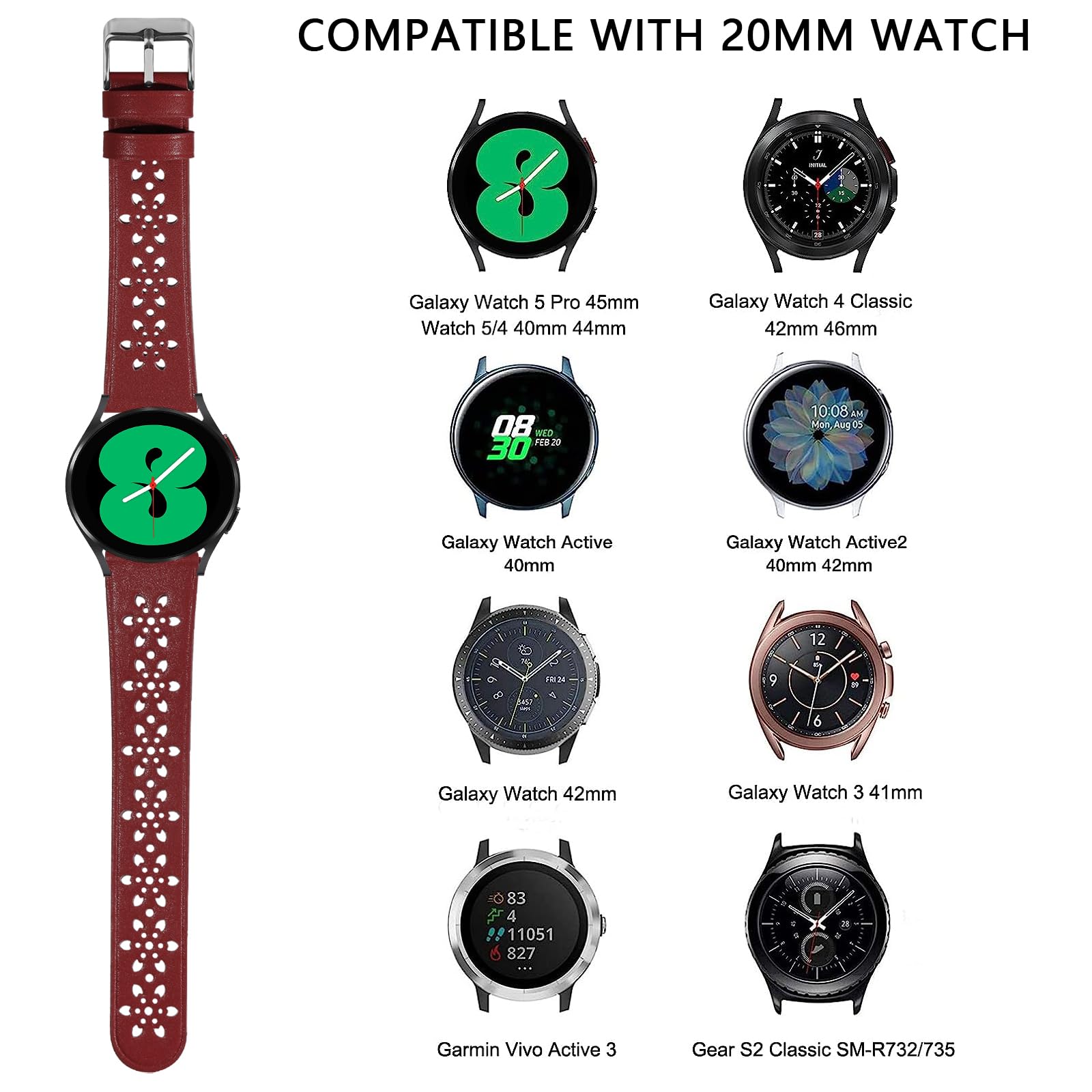 Leather Band Compatible with Samsung Galaxy Watch 6/5/4/Active 2/3 - 20mm Quick Release Breathable Hollowed Strap for 40mm 42mm 44mm 46mm Smartwatches - Perfect for Workouts, Office & Casual Wear