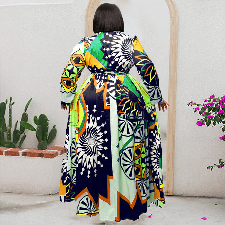 5XL Plus Size African Print Maxi Dress for Women - Long Sleeve Flowy Party & Beach Robe - Elegant Swing Dress for Special Occasions, Weddings, and Vacation Wear