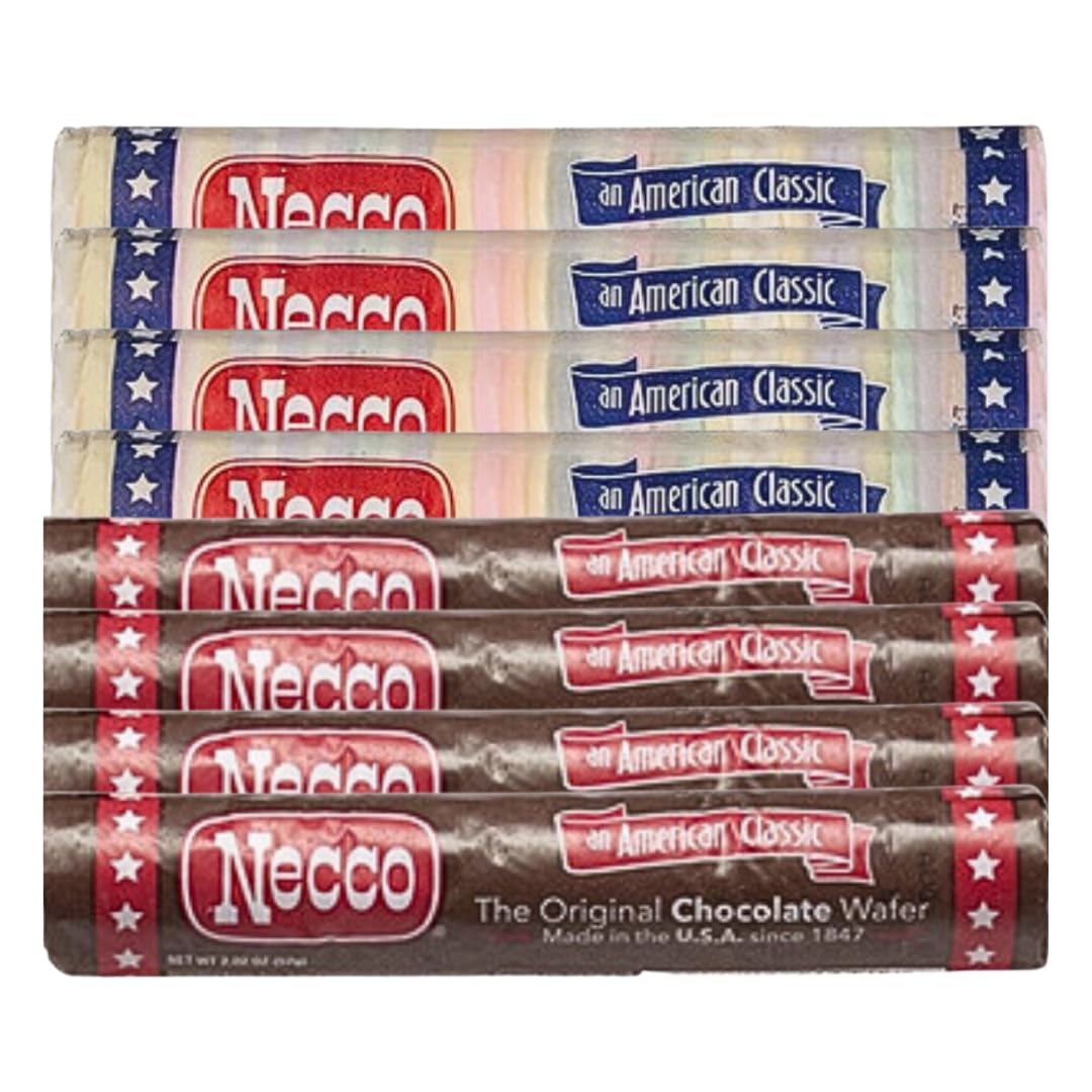 Necco Wafers Candy 8-Pack Bulk (4 Assorted Flavor Rolls + 4 Chocolate Rolls) - Perfect for Halloween Treats, Party Favors & Office Snacks
