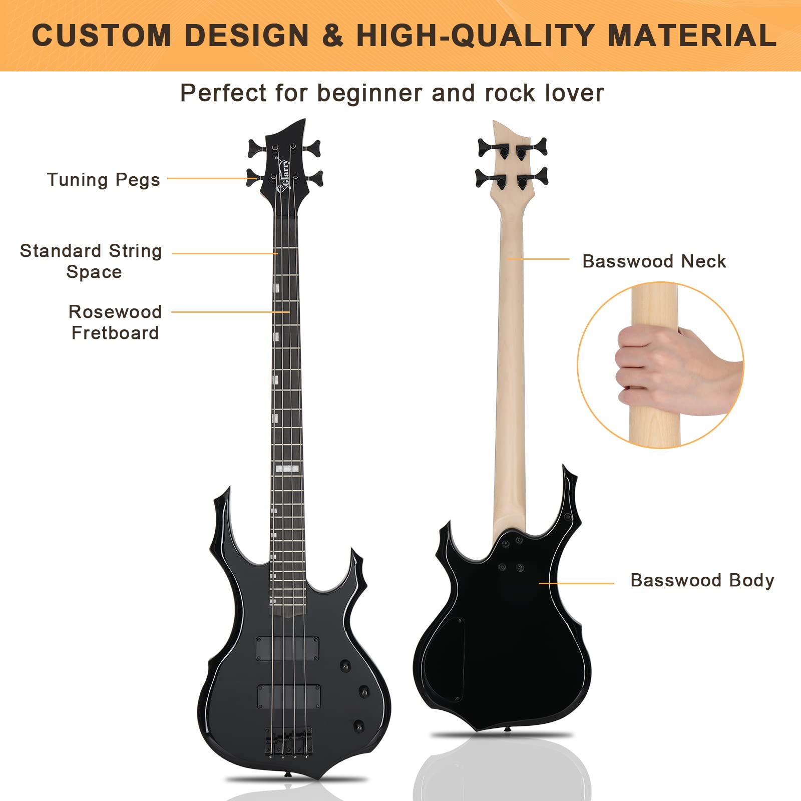GLARRY 4-String Electric Bass Guitar with HH Pickups - Fire Style Design for Beginners & Adults - Includes Amp Cable, Gig Bag, Strap (Black) - Perfect for Rock, Jazz & Home Practice