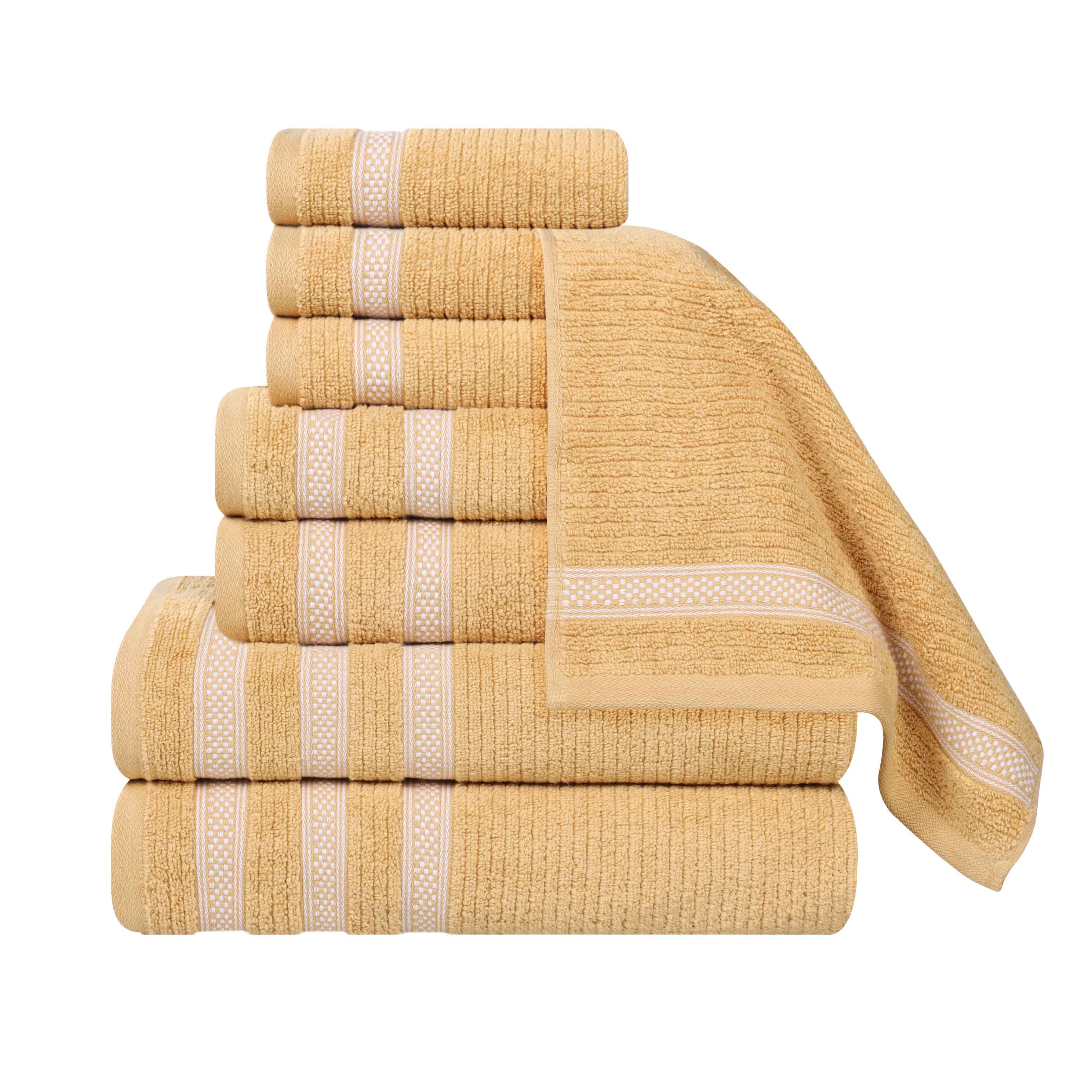 Premium Zero Twist Cotton Ribbed Geometric Border 8-Piece Towel Set | Ultra Soft Bath & Beach Towels for Spa, Pool & Home Decor