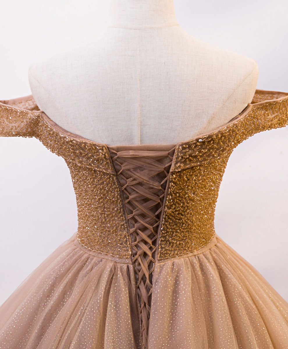 Elegant Champagne Sweetheart Off Shoulder Tulle Sequin Long Prom Dress for Women - Perfect for Formal Dances, Evening Galas & Special Occasions