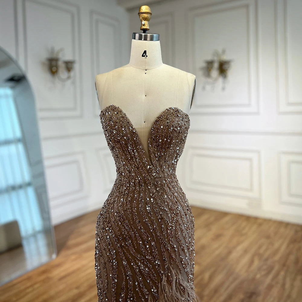 Elegant Blue Feather Beaded Evening Gown with Side Slit - LA72695 | Perfect for Prom, Gala & Formal Events